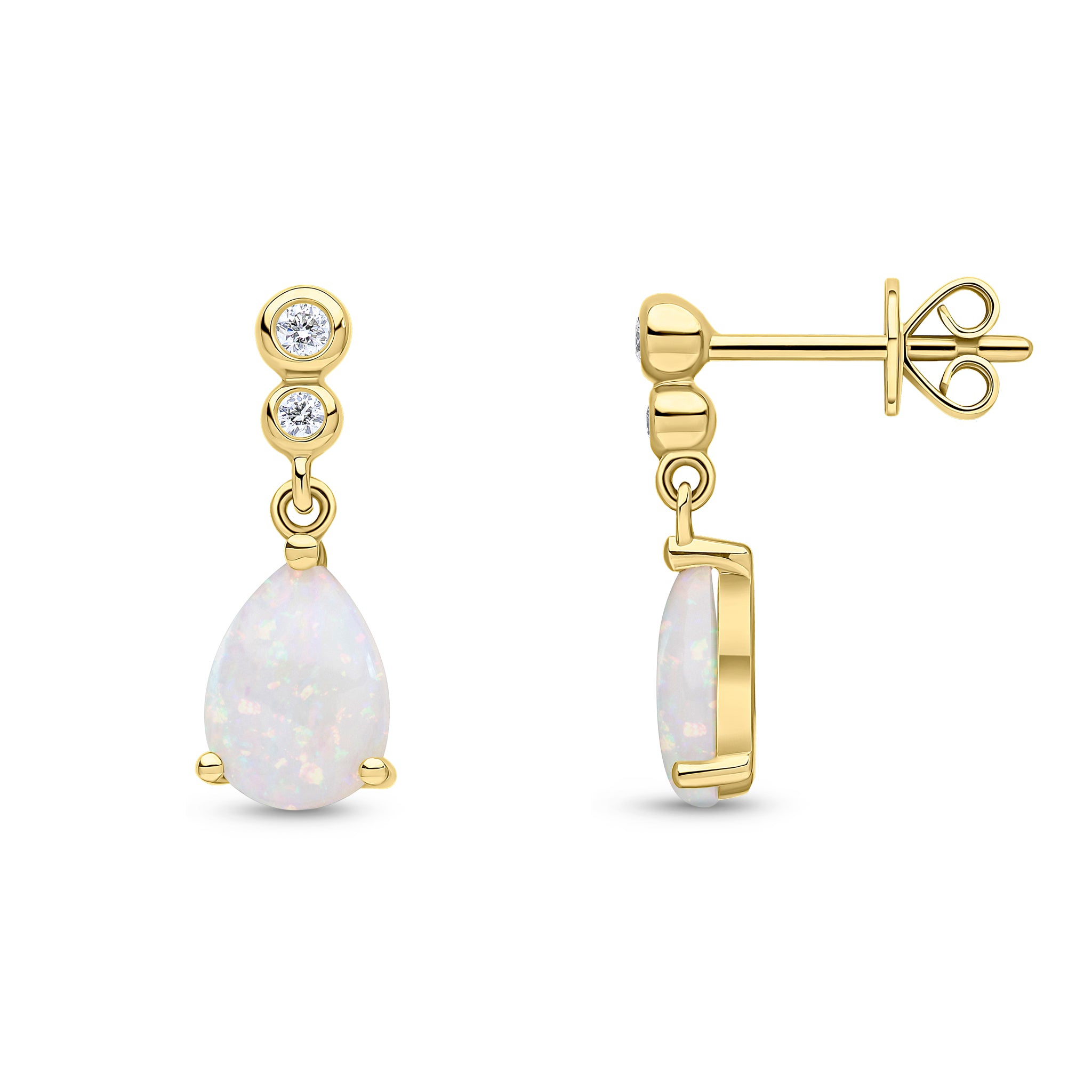 18ct Yellow Gold Rubover Diamond 2 Stone Top Claw Set Pear Shape Opal Drop Earrings