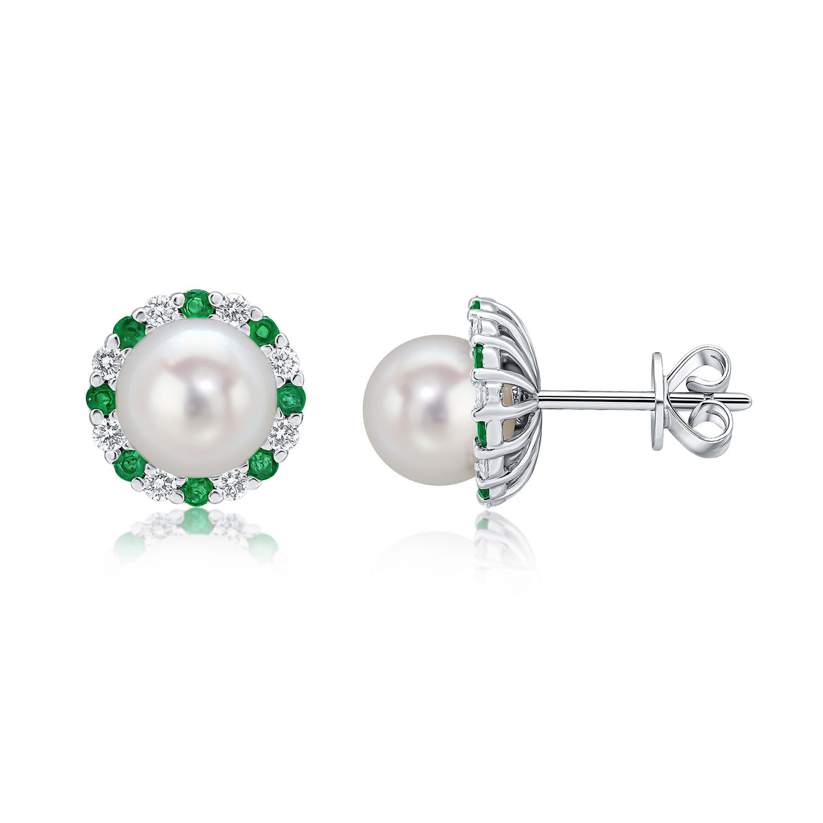 18ct White Gold 7mm Cultured Pearl Studs with Emerald and Diamond Detacheable Border
