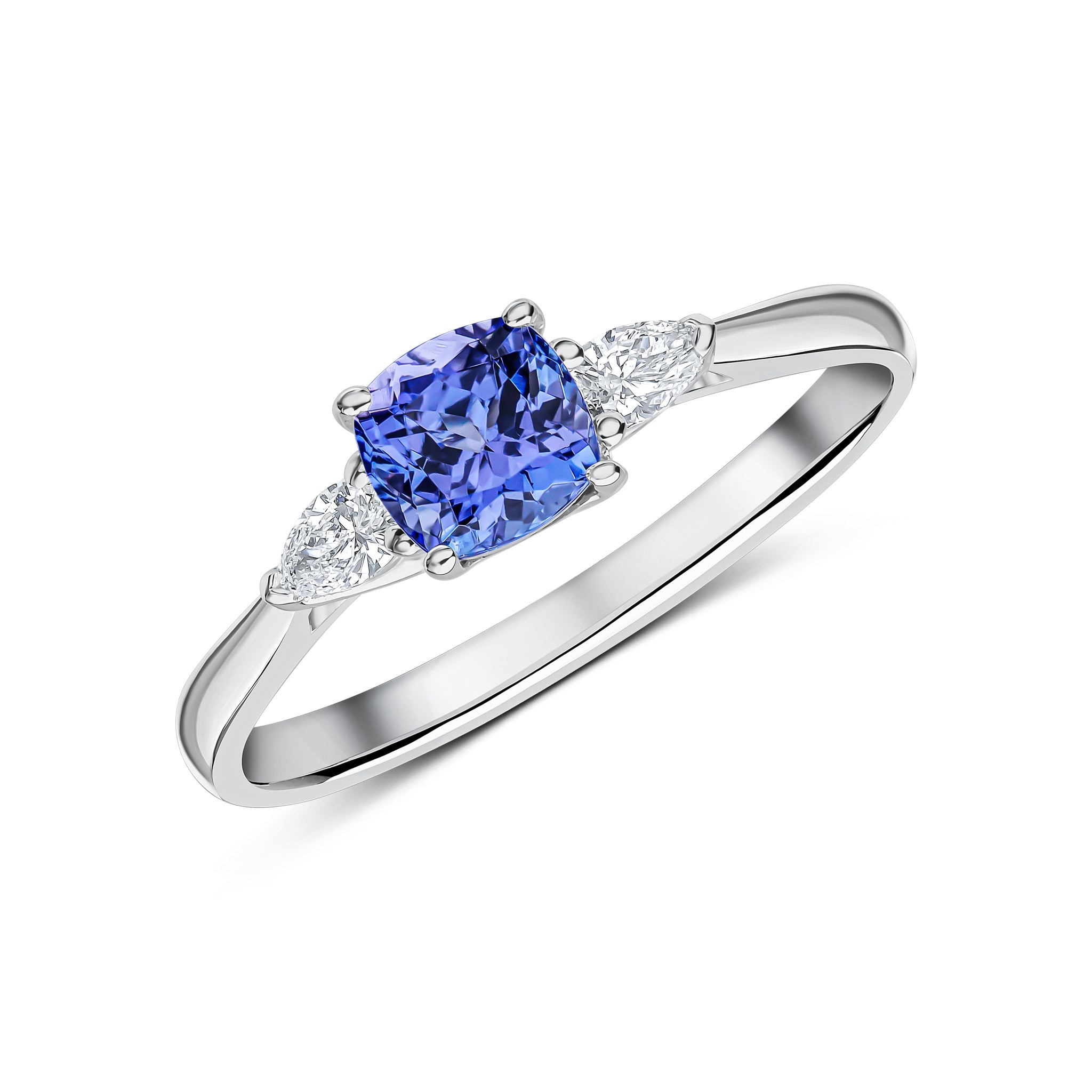 18ct White Gold 5mm Cushion Tanzanite and Pear Shape Diamond Claw Set 3 Stone Ring