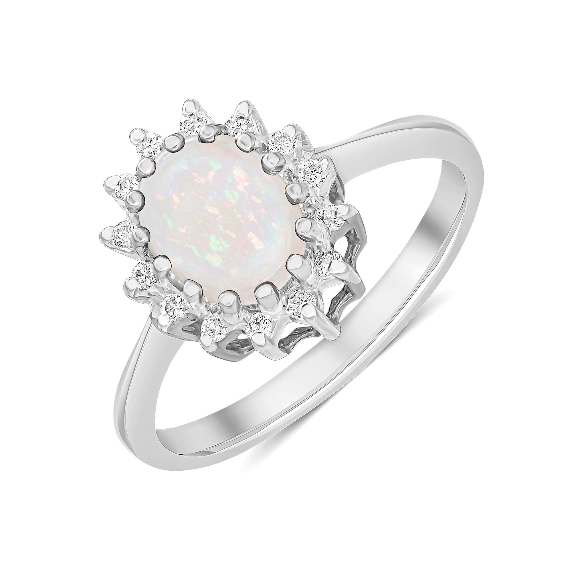 9ct White Gold 8x6 Oval Opal & Diamond Claw Set Cluster Ring