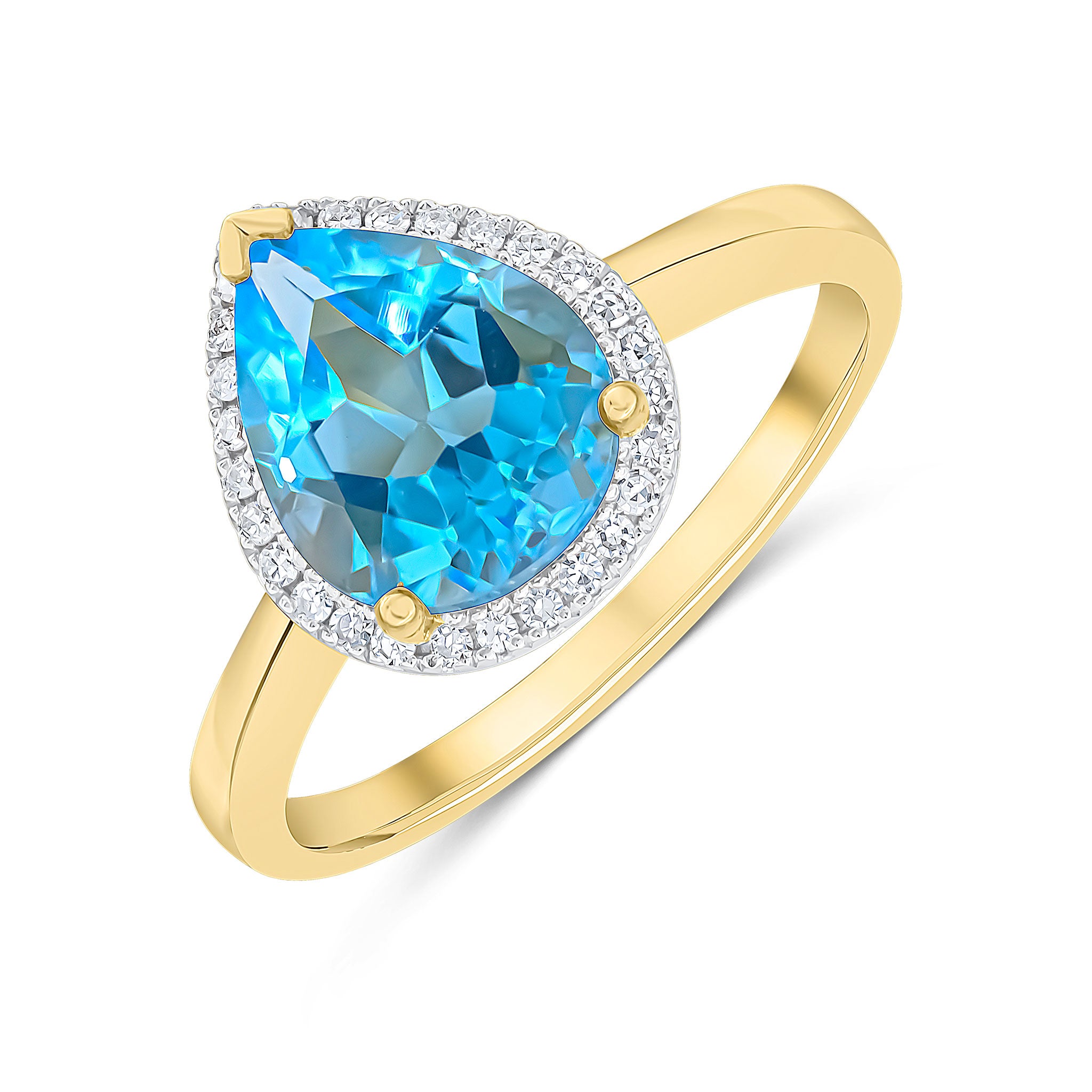 9CT YG 10X8 PEARSHAPE SWISS BLUE TOPAZ & DIAMOND CLUSTER RING 1