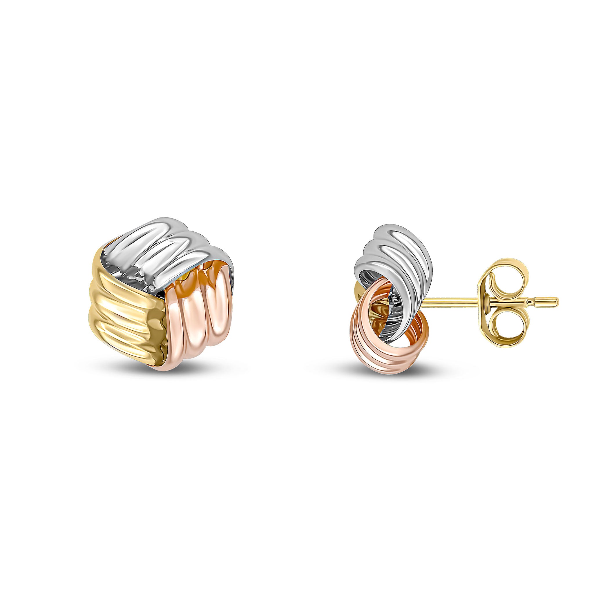 9ct Three Tone Yellow White Rose Gold Knot Stud Earring