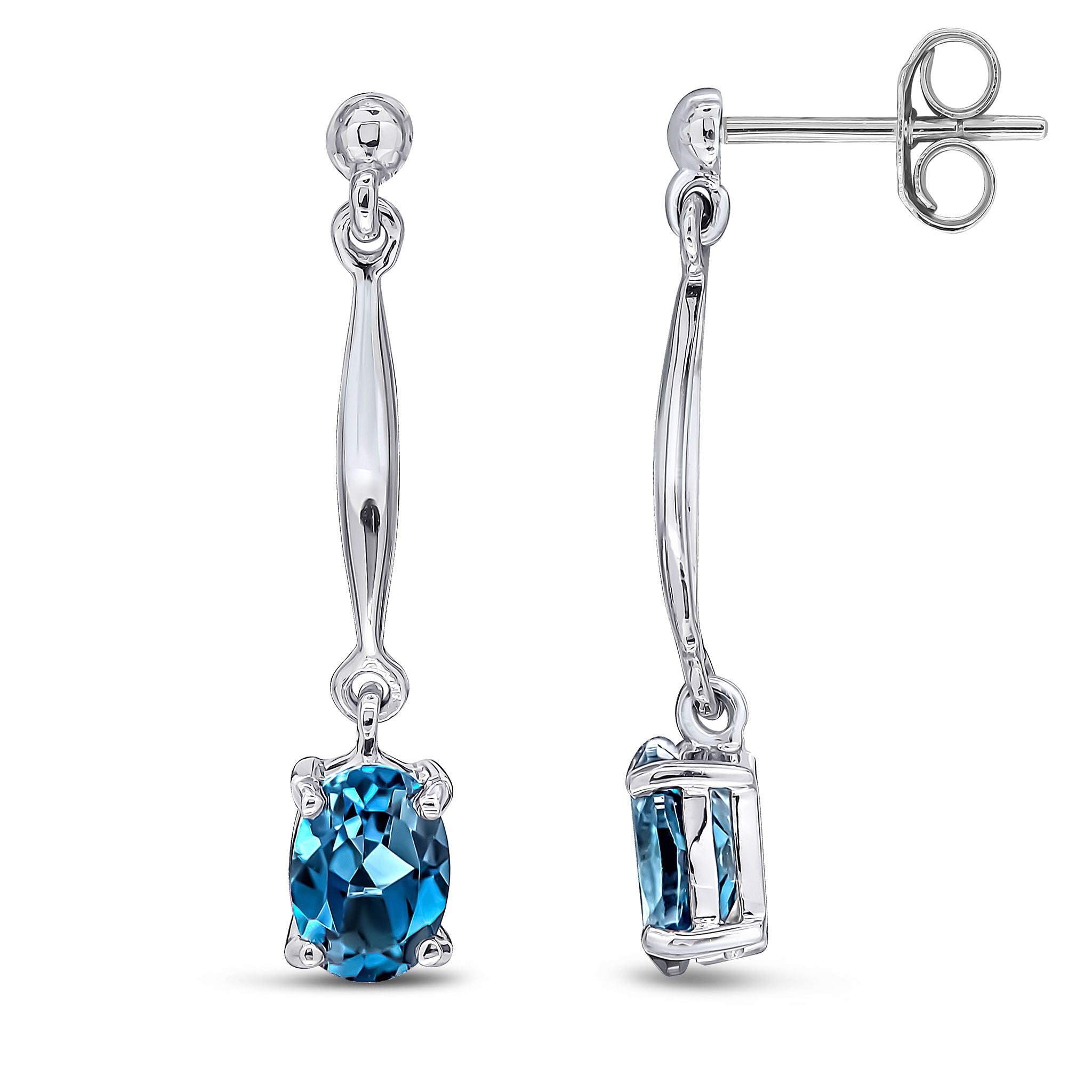 9ct White Gold 7x5mm Oval London Blue Topaz and Bar Drop Earrings with Bead Top