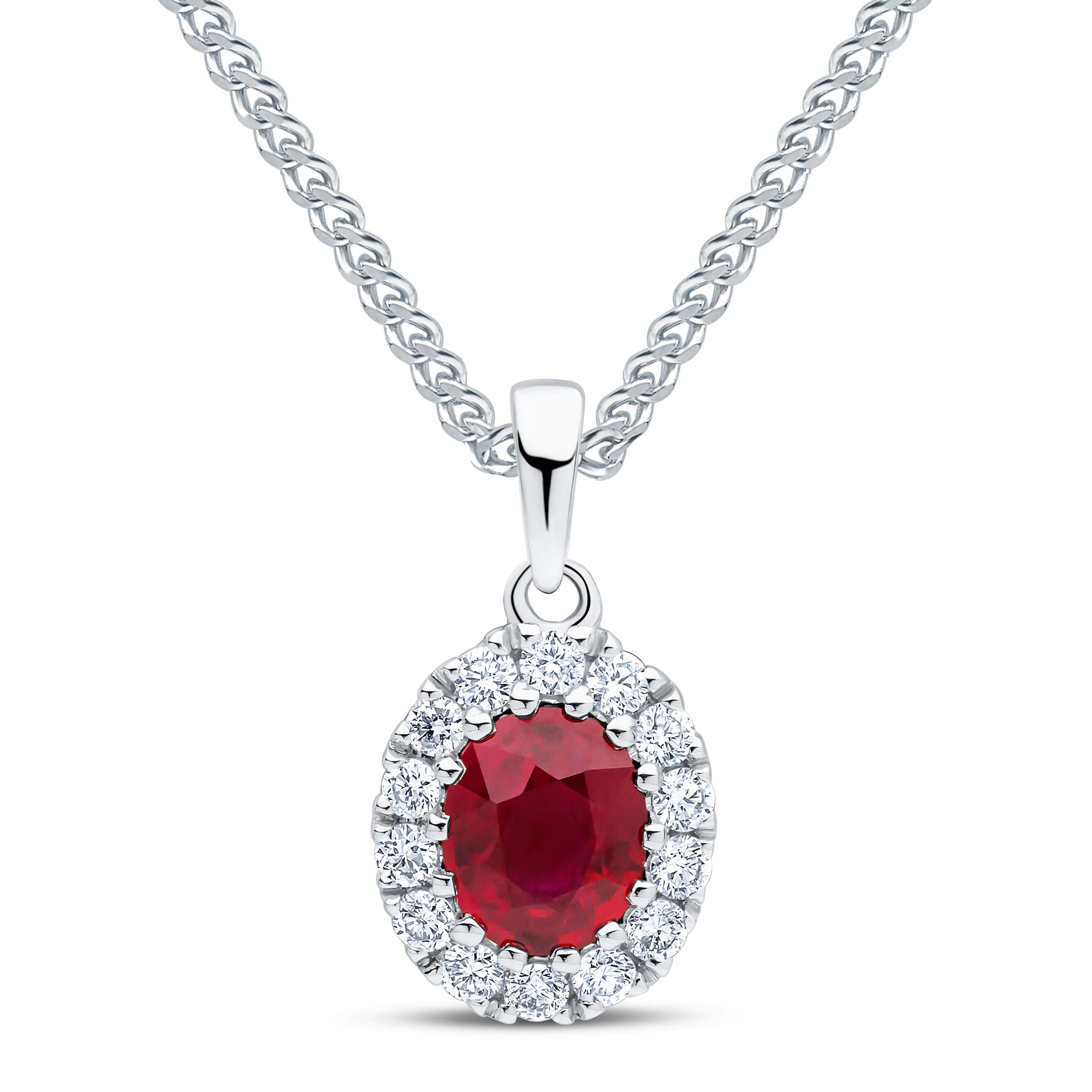 18ct White Gold 5x4 Oval Ruby and Round Diamond Claw Set Cluster Pendant