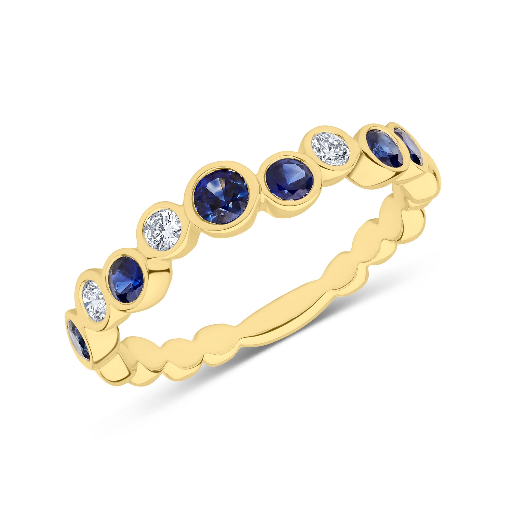18ct Yellow Gold Round Sapphire & Diamond Single Row Bubble Ring