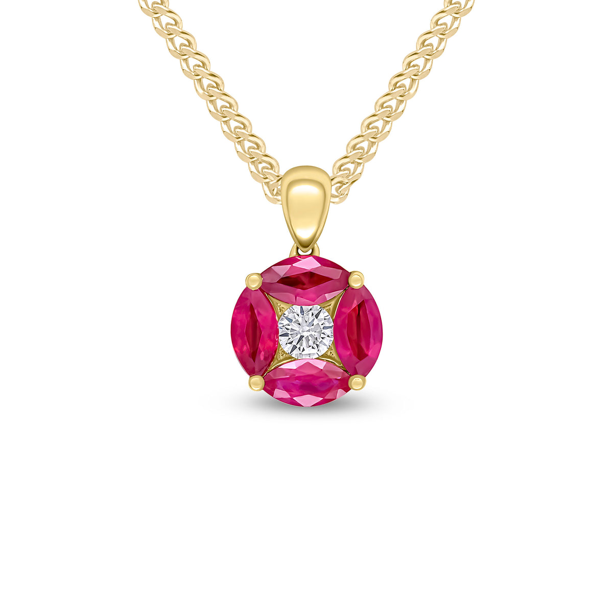 18ct Yellow Gold Marquise Ruby & Diamond Reverse Cluster Pendant