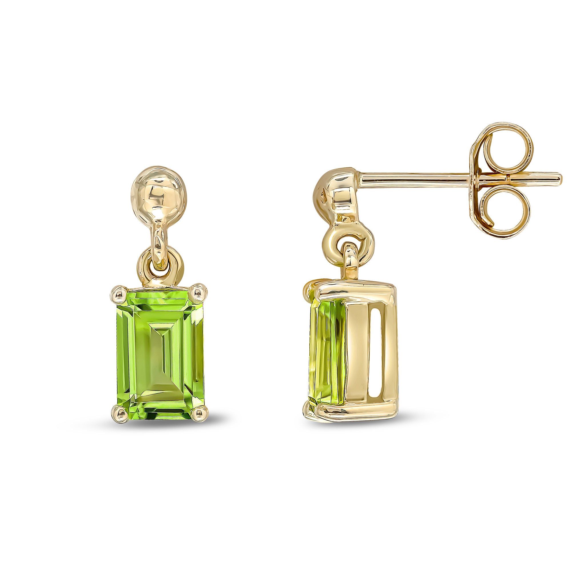 9ct Yellow Gold 6x4 Octagon Peridot Claw Set Drop Earrings with Bead Top