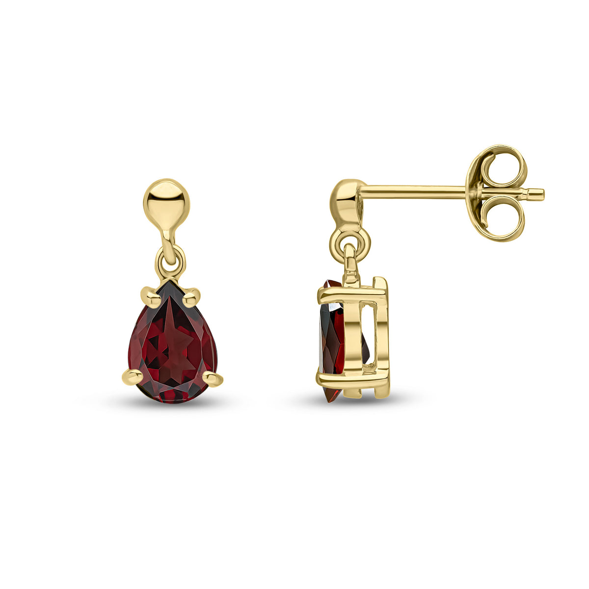 9ct Yellow Gold 7x5 Pear Shape Garnet Claw Set Drop Earrings with Bead Top