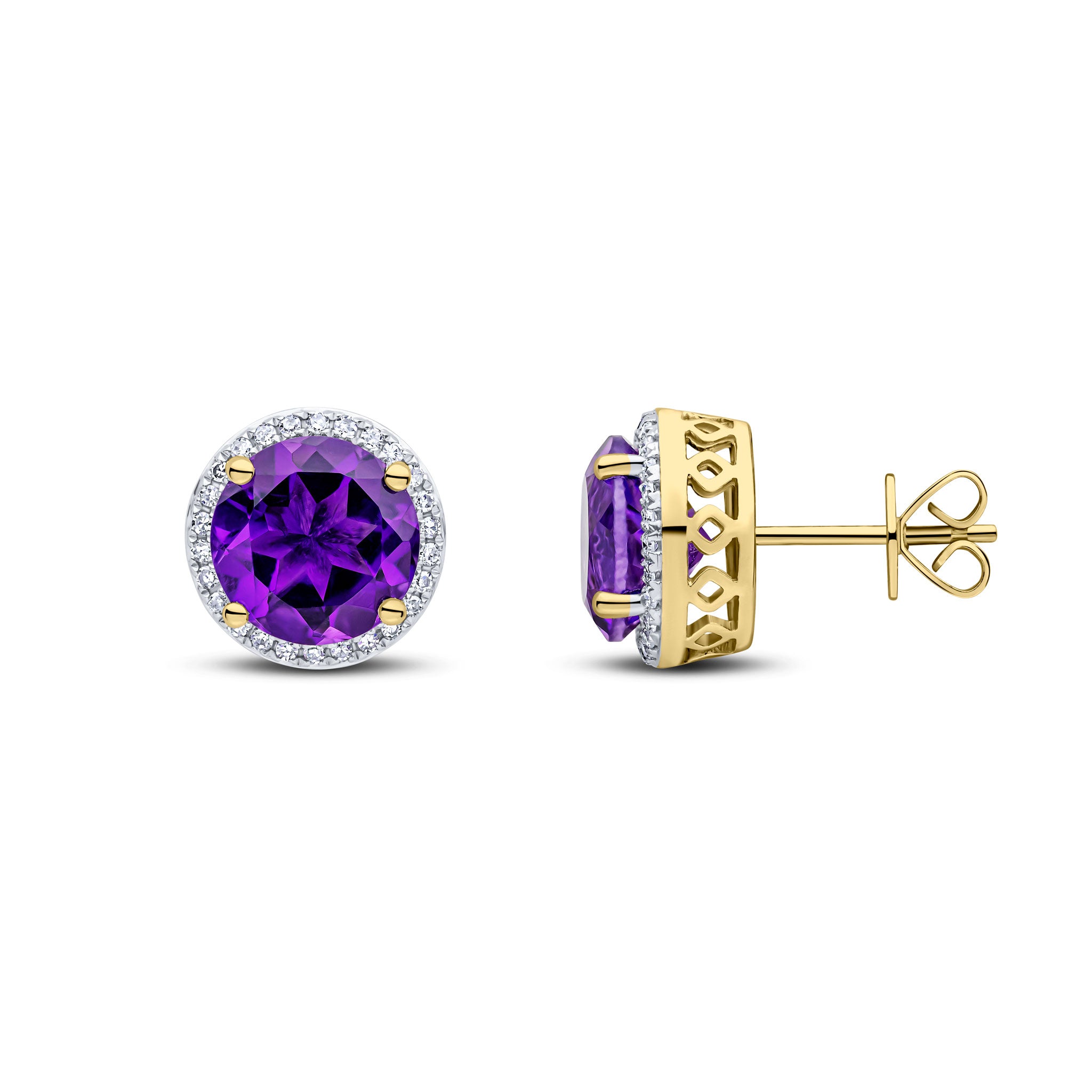 9ct Yellow Gold 8mm Round Amethyst and Diamond Claw Cluster Earrings Rhodium to Diamonds