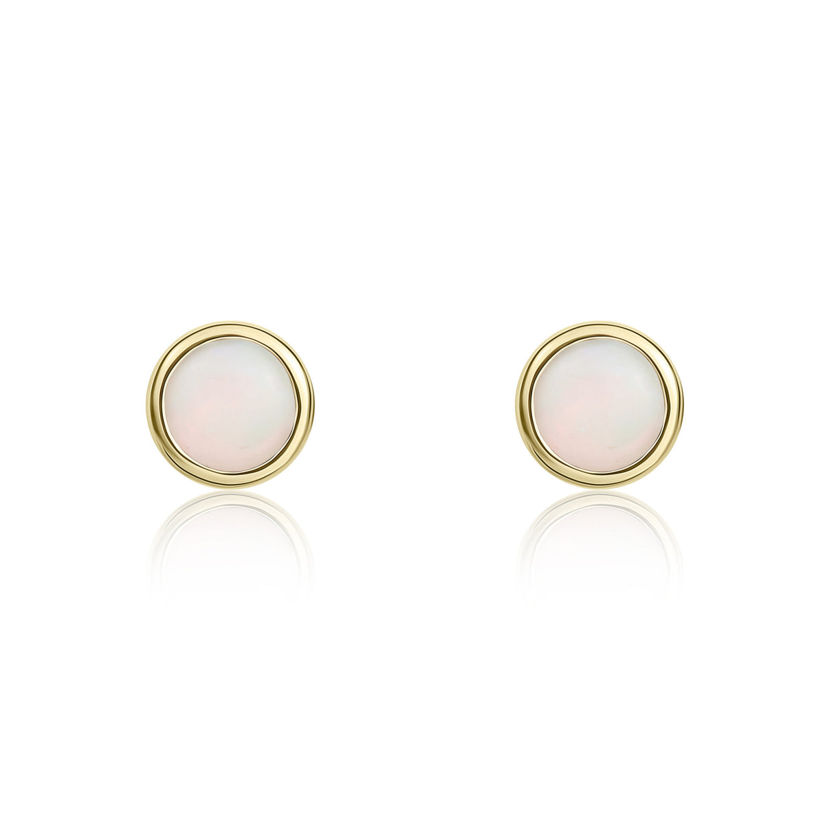 9ct Yellow Gold Round Opal Rubover Stud Earrings