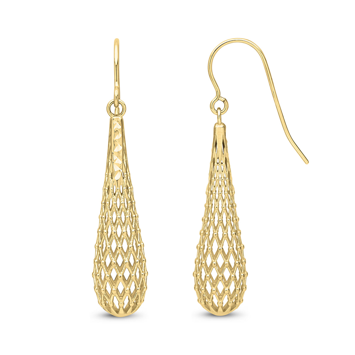 9ct Yellow Gold Open Lattice Torpedo Drop Earrings with Shepherds Hook Fittings