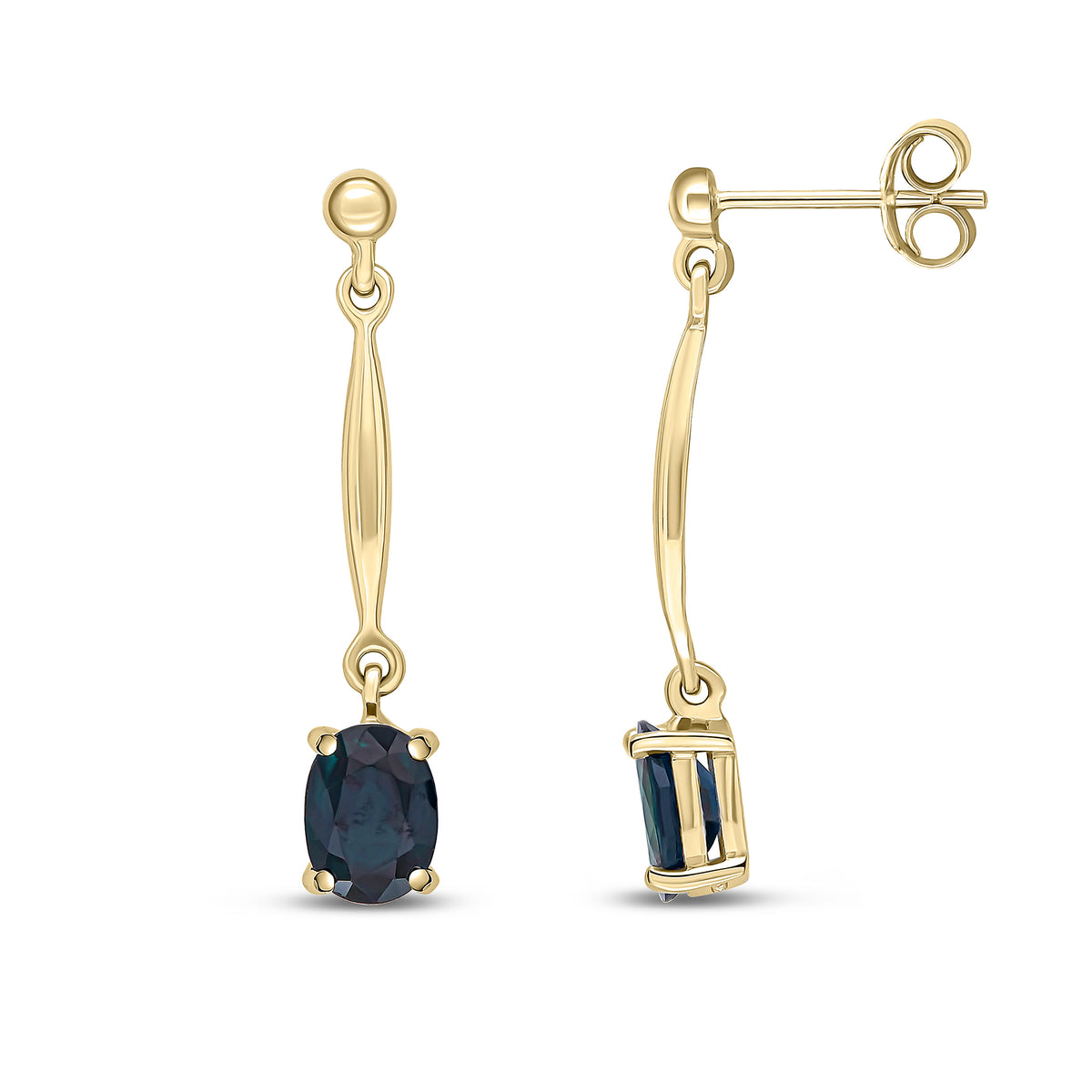 9ct Yellow Gold 7x5mm Oval Sapphire and Bar Drop Earrings with Bead Top