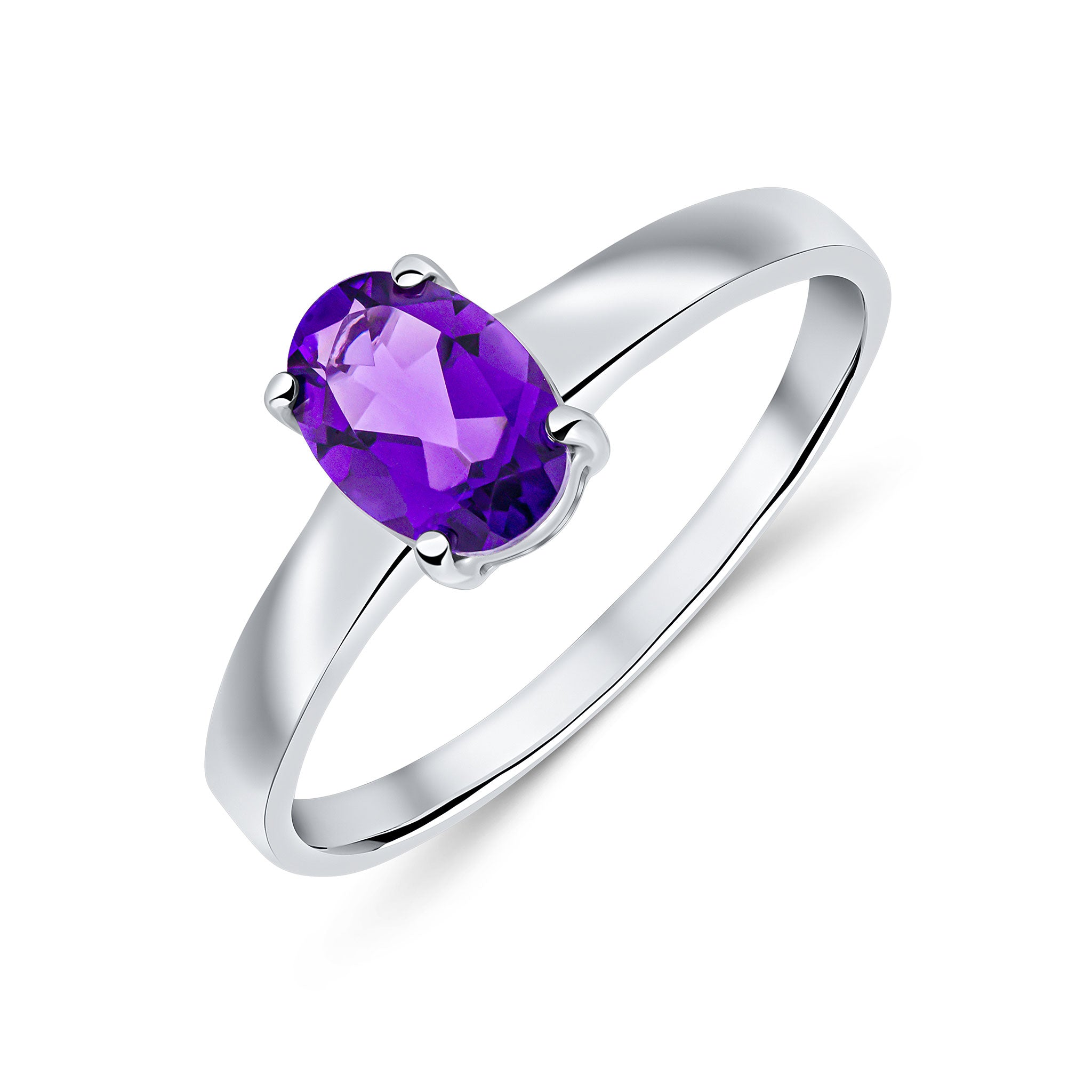 9ct White Gold 7x5mm Oval Amethyst 4 Claw Single Stone Ring