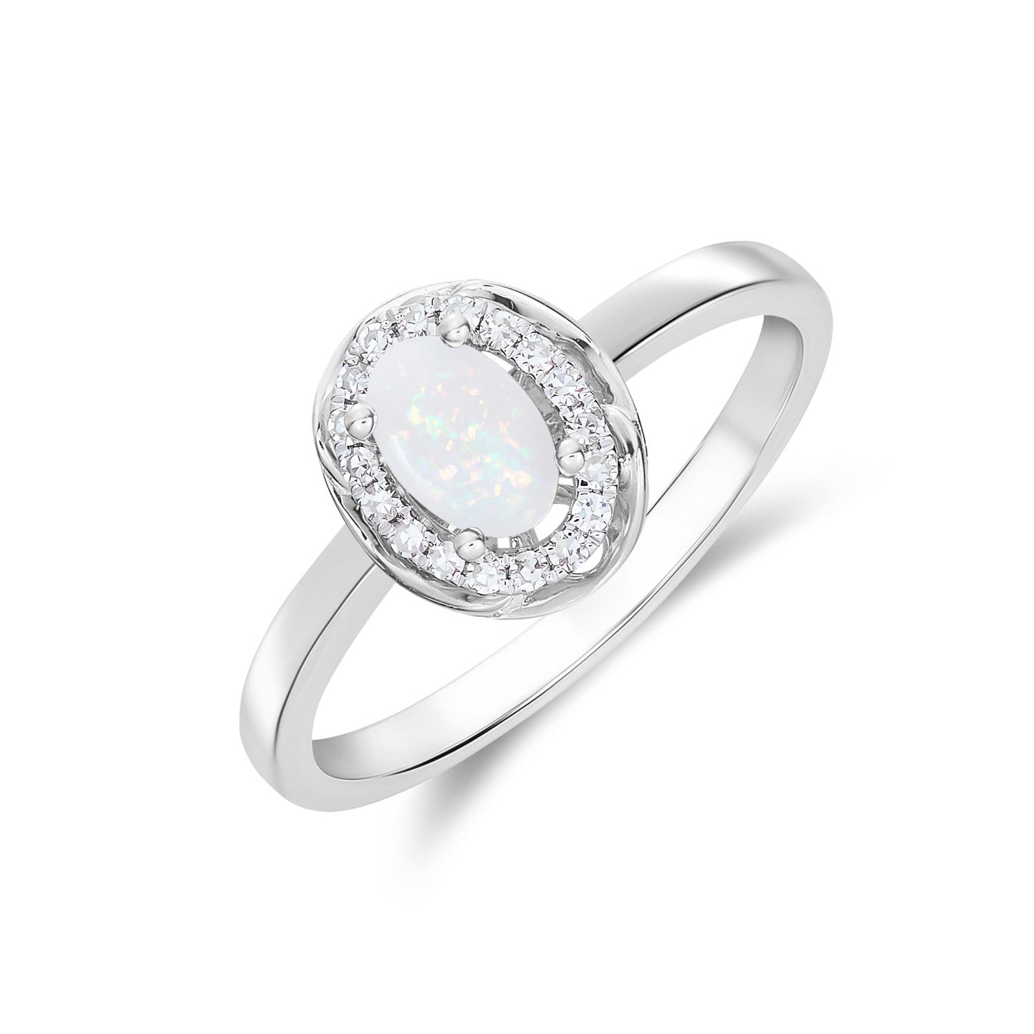 9ct White Gold 6x4 Oval Opal & Diamond Cluster Ring with Rope Edge