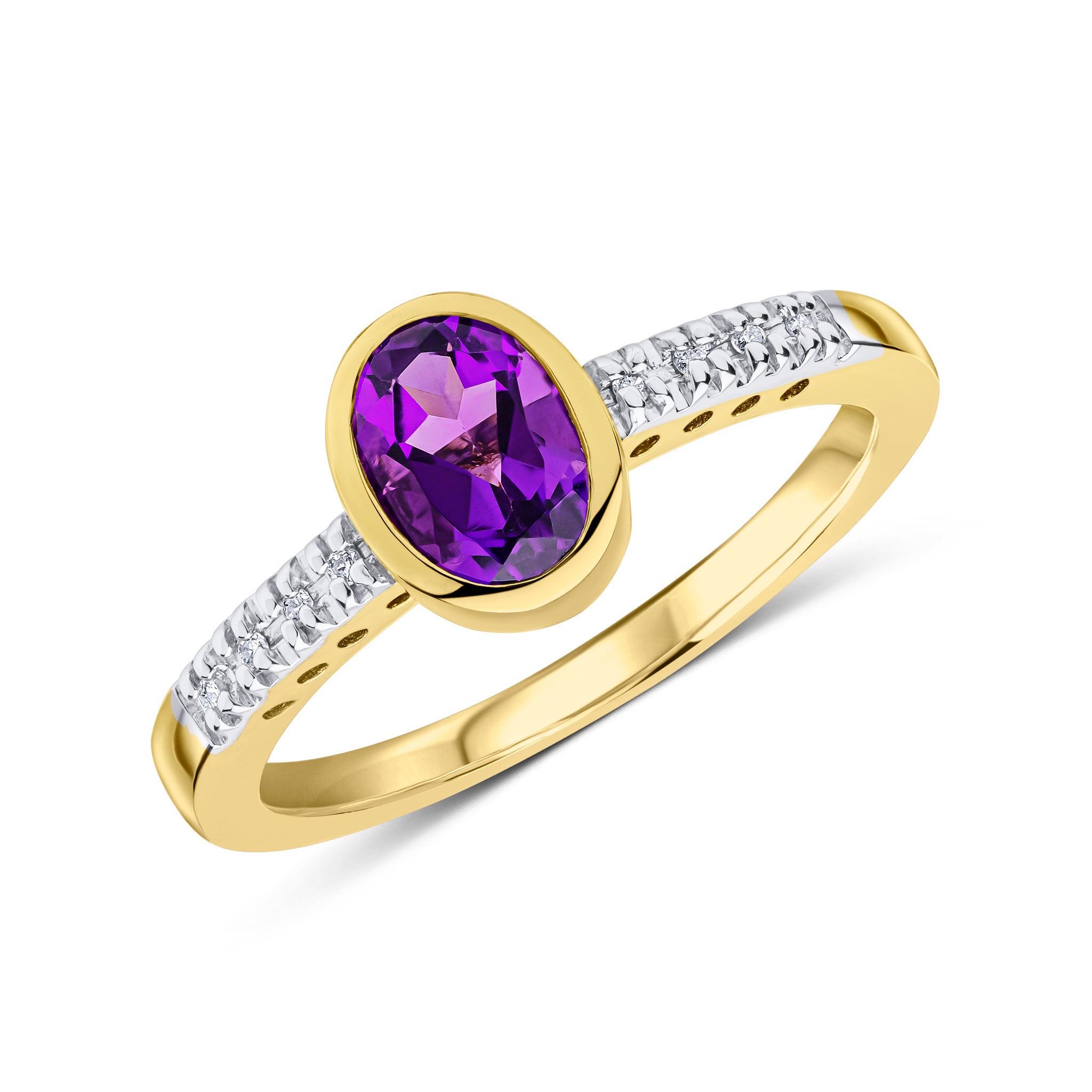 9ct Yellow Gold Rubover 7x5 Oval Amethyst Single Stone Ring with Claw Set Diamond Shoulders Rhodium to Diamonds