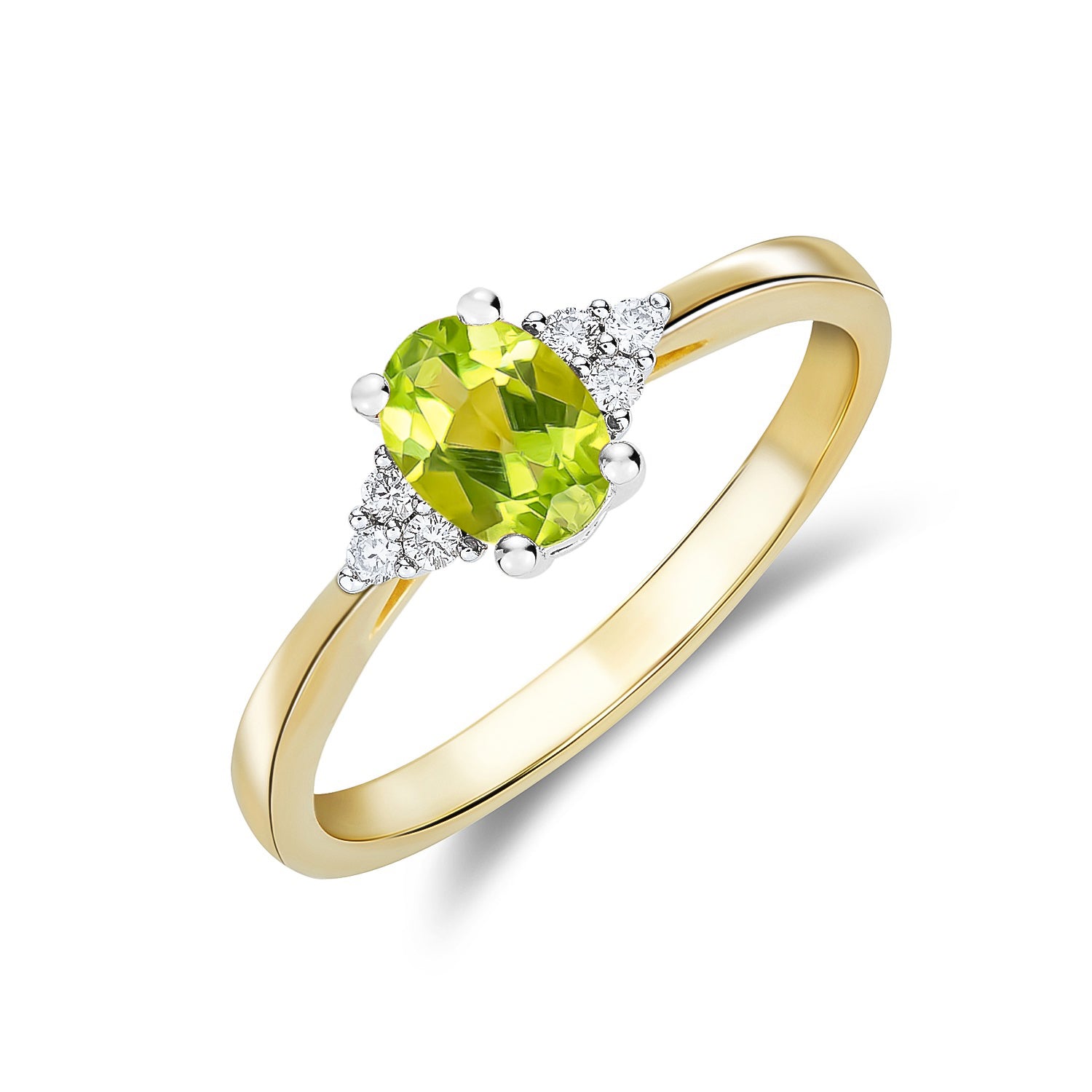9CT YWG 7X5 OVAL PERIDOT & DIAMOND TREFOIL SHOULDERS RING 1