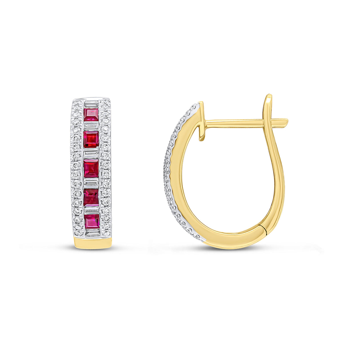 18yg Square Ruby Baguette & Brill Diamond Oval Hoops