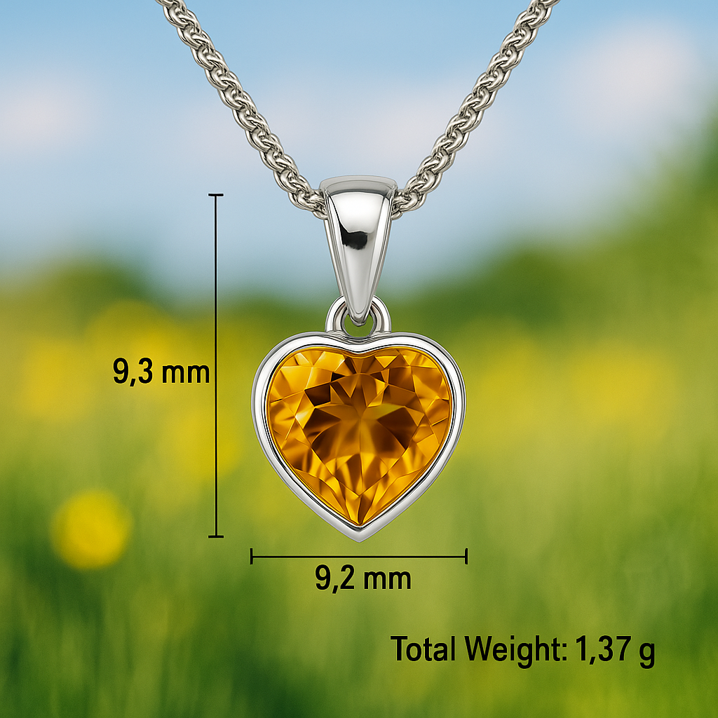 9ct white gold 8mm Heartshape Citrine Rubover Single Stone Pendant