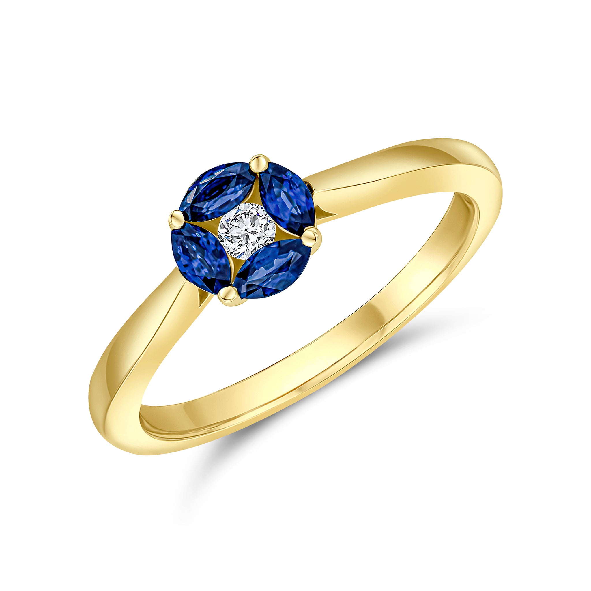 18ct Yellow Gold Marquise Sapphire & Round Diamond Cluster Ring Tapered Shank