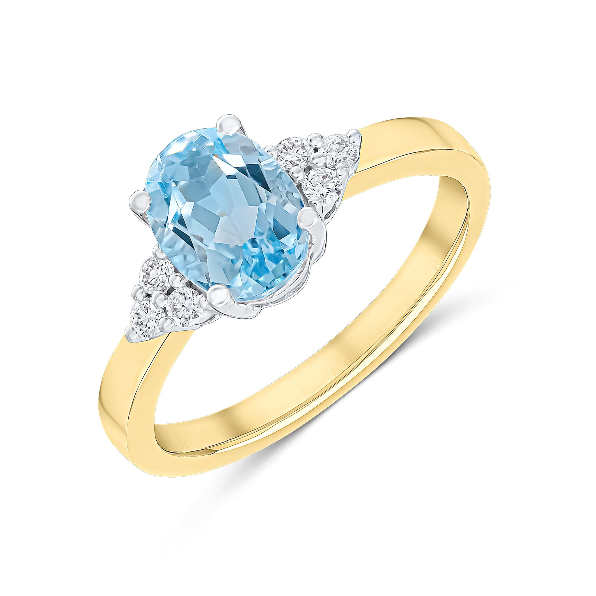 18ct Ywg 8x6mm Oval Aquamarine and Diamond Trefoil Shoulders Claw Set Ring