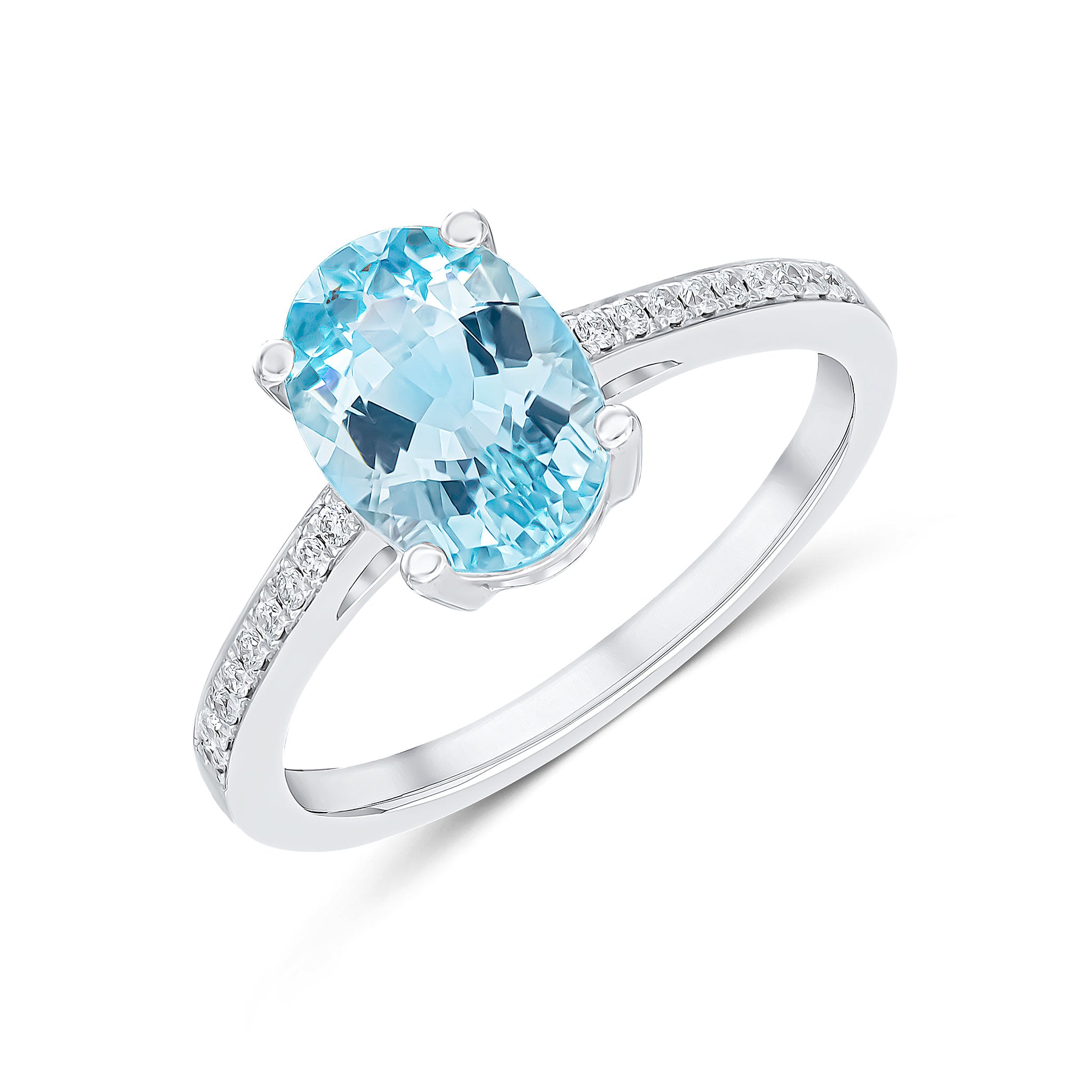18ct White Gold Claw Set Oval 9x7mm Aquamarine Single Stone Ring with Grain Set Diamond Shoulders