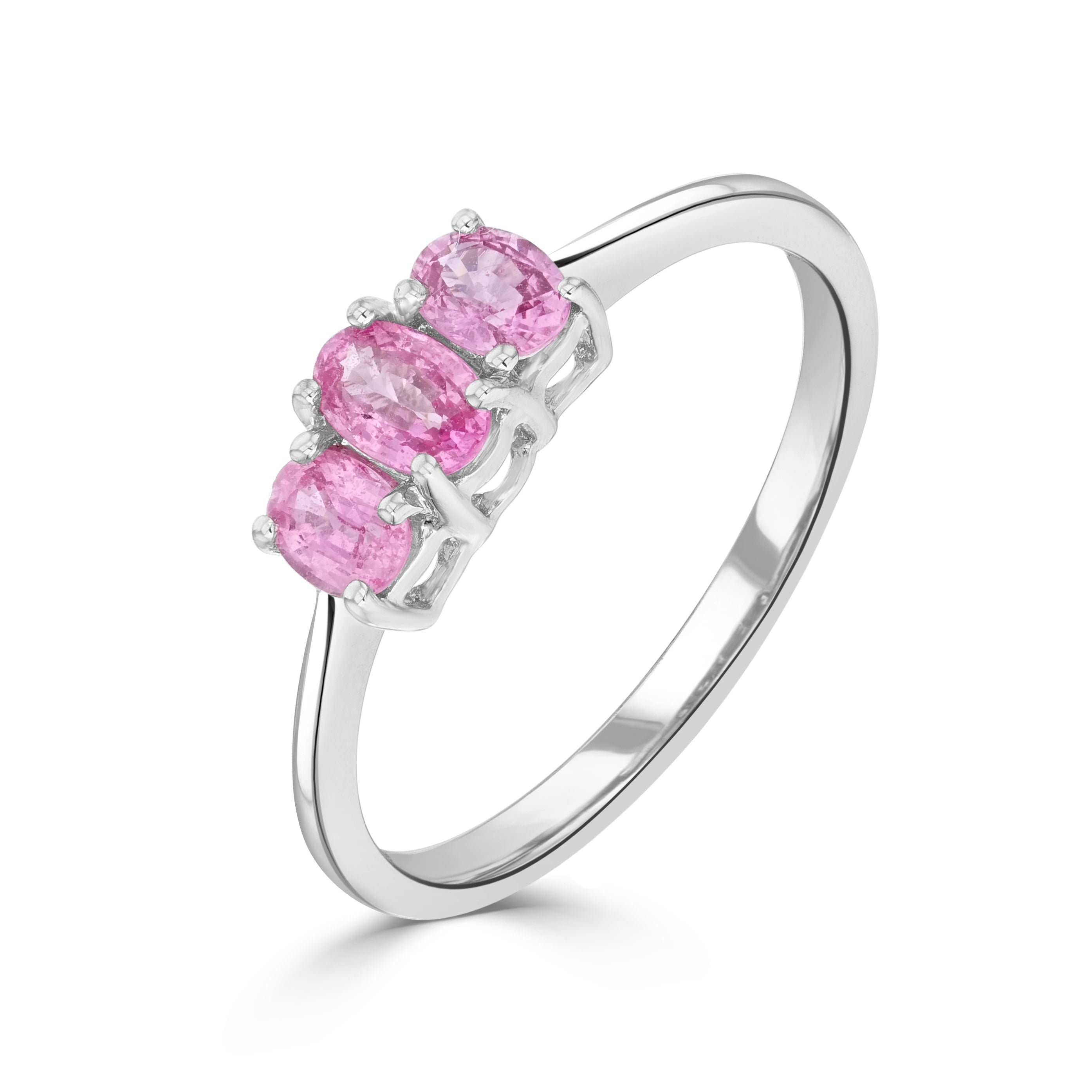 9ct White Gold Oval Pink Sapphire 3 Stone Claw Set Ring