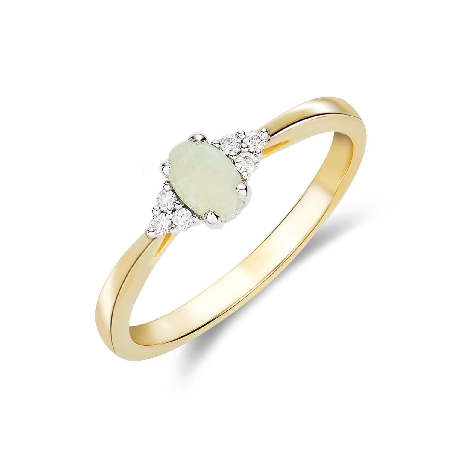 9CT YWG 6X4 OVAL OPAL & ROUND DIAMOND TREFOIL SHOULDERS RING 1