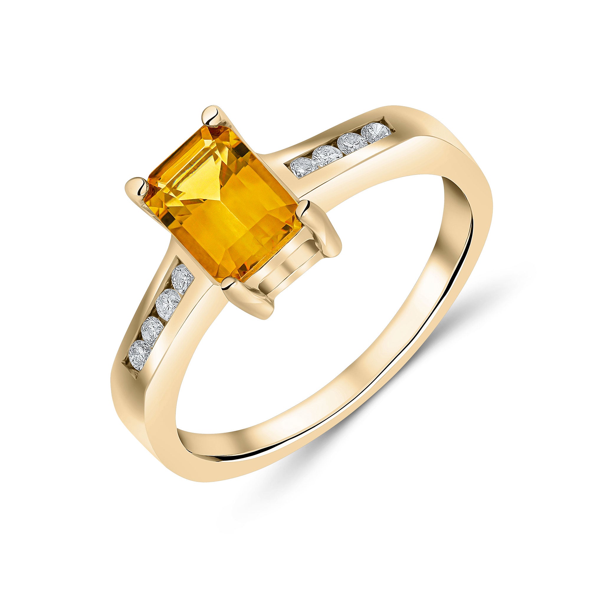 9CT YG 7X5 OCTAGON CITRINE CLAW SET SINGLE STONE RING WITH CHANNEL SET DIAMOND SHOULDERS 1