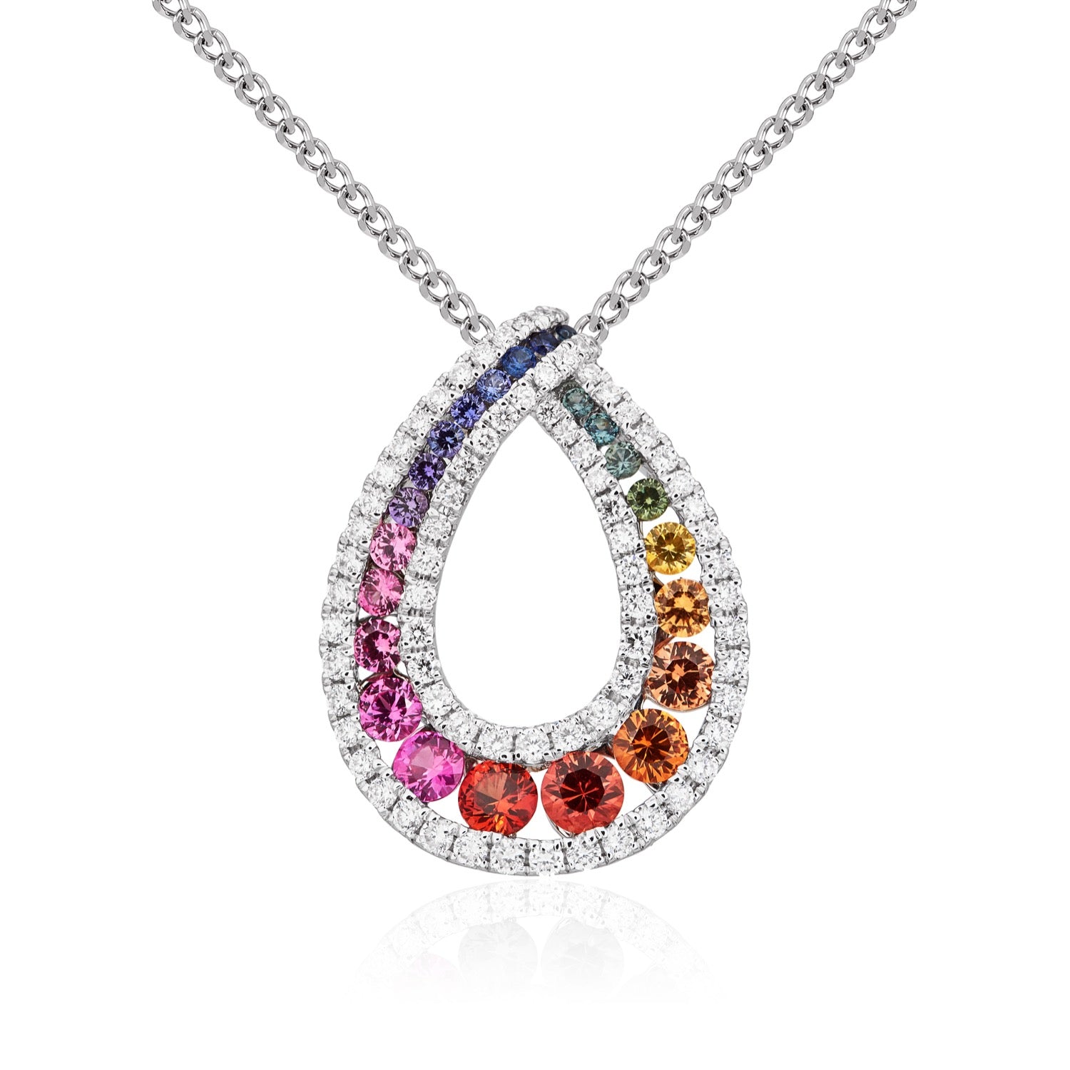 18ct White Gold Round Multi-Sapphire and Round Diamond 3 Row Graduated Loop Slider Pendant