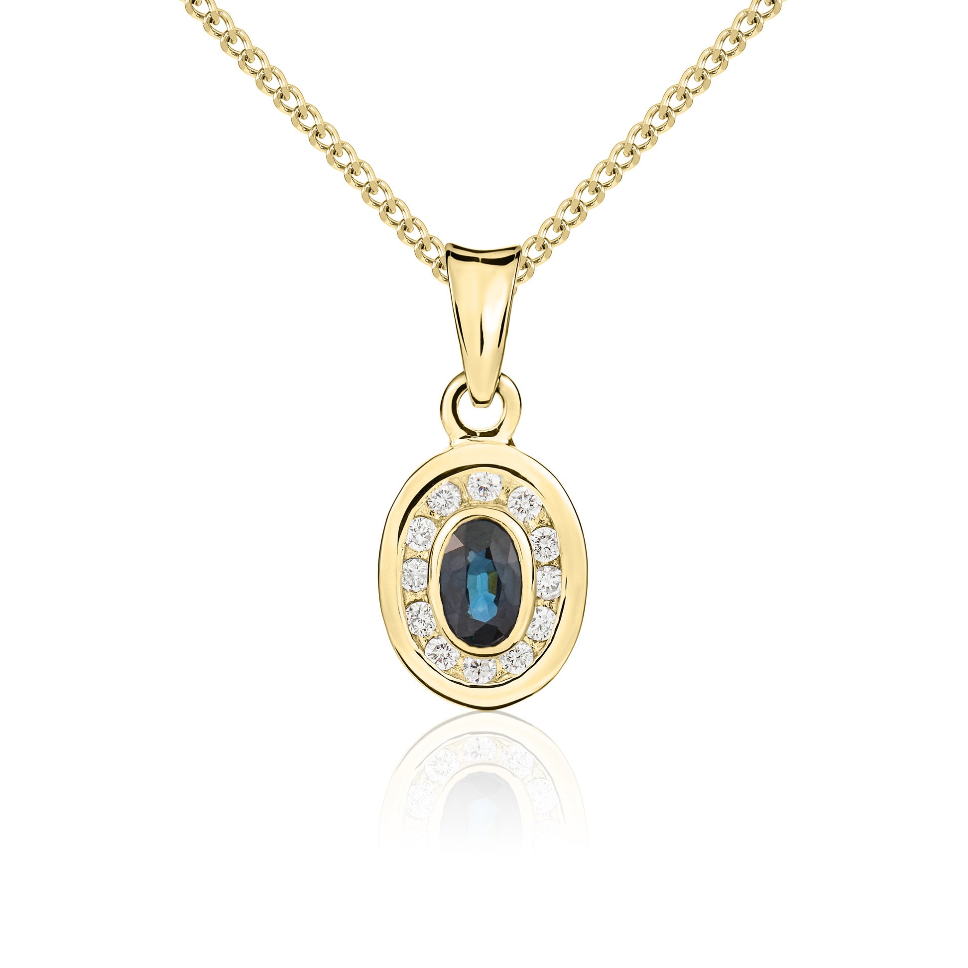 9ct Yellow Gold 5x3 Oval Sapphire & Diamond Rubover Cluster Pendant