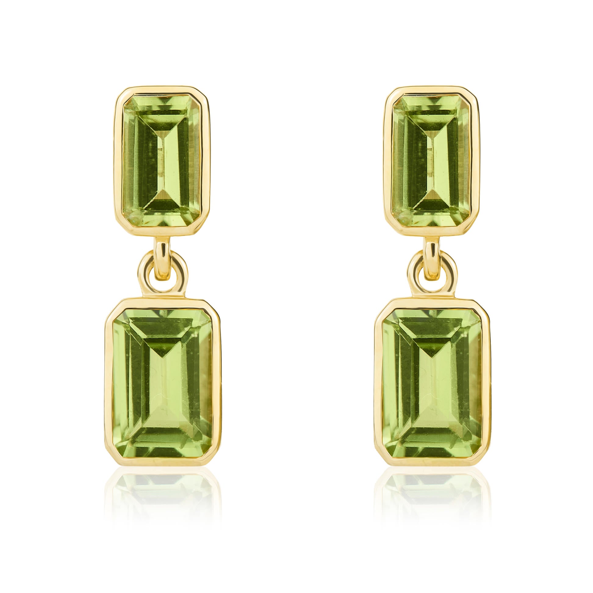 9ct Yellow Gold Octagon Peridot 2 Stone Rubover Drop Earrings
