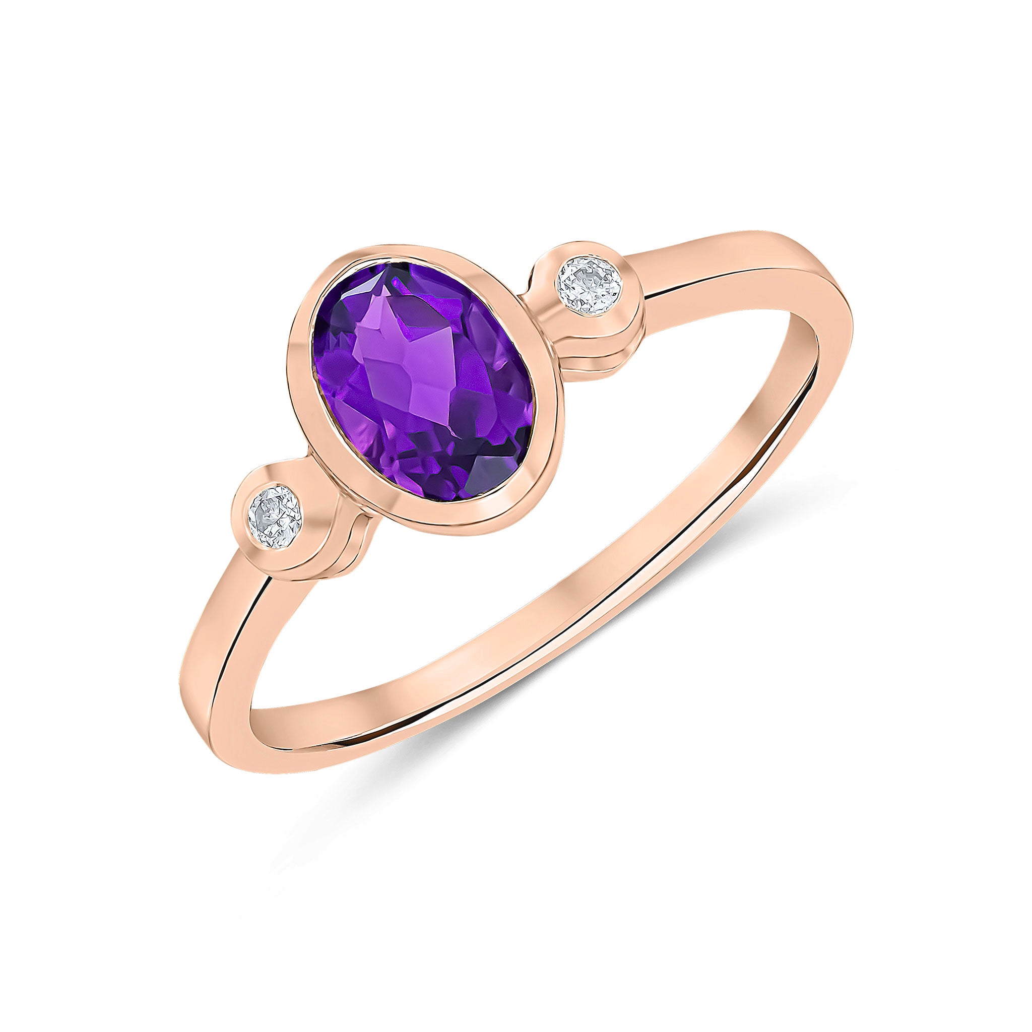 9ct Rose Gold Oval Amethyst and Round Diamond 3 Stone Rubover Ring Rhodium to Diamonds