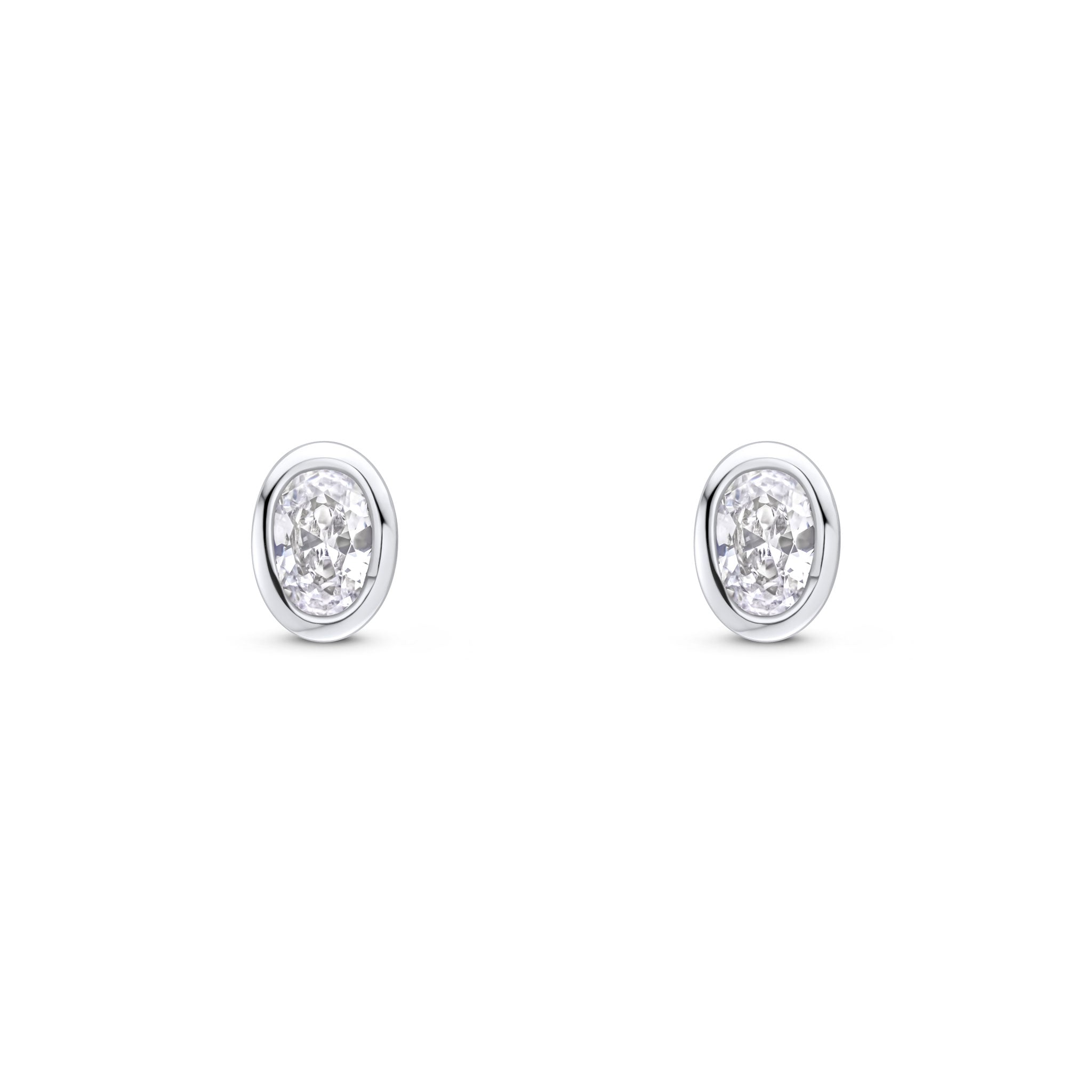 9ct White Gold 4x3 Oval CZ Rubover Set Earrings