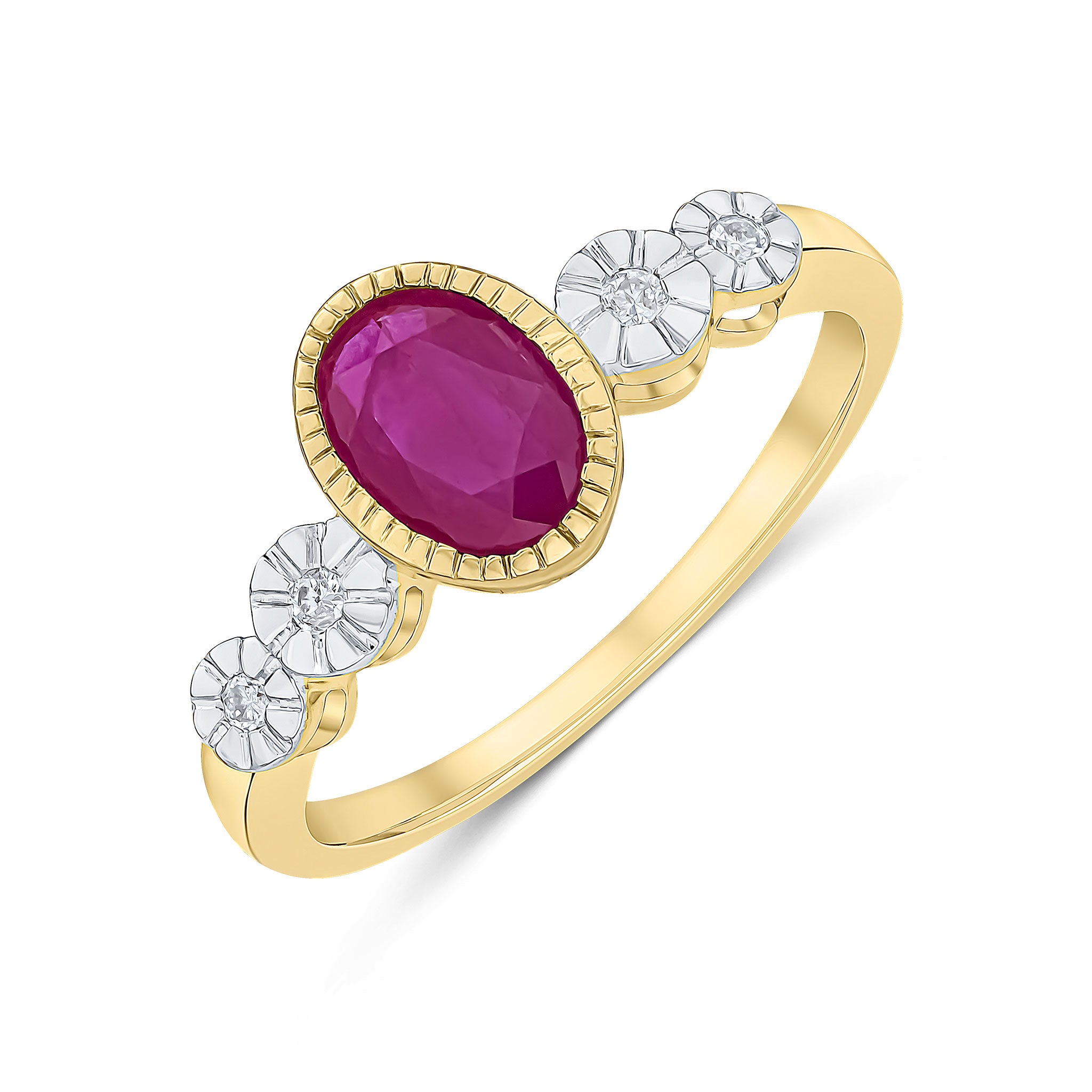 9CT YELLOW GOLD MILLEGRAIN OVAL RUBY AND ILLUSION DIAMOND 4ST SHOULDERS RING 1