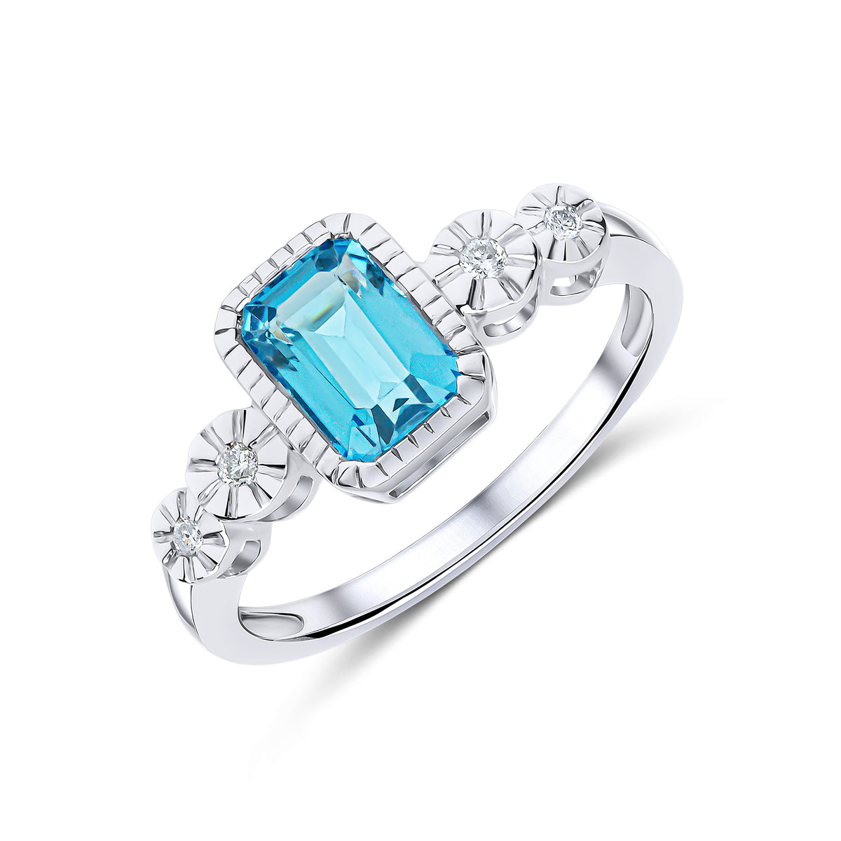 9ct White Gold Milgrain Octagon Swiss Blue Topaz and Illusion Diamond 2 Stone Shoulders Ring
