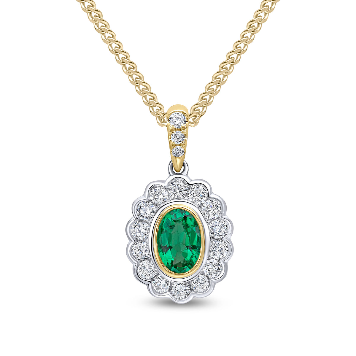 18ct Ywg Oval Emerald and Round Diamond Rubover Cluster Pendant Claw Set Diamond Loop