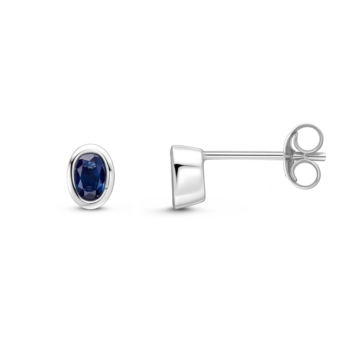 9ct White Gold 4x3 Oval Sapphire Rubover Set Earrings
