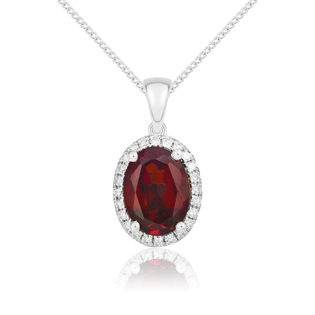 9ct White Gold 8x6 Oval Garnet & Diamond Claw Set Cluster Pendant
