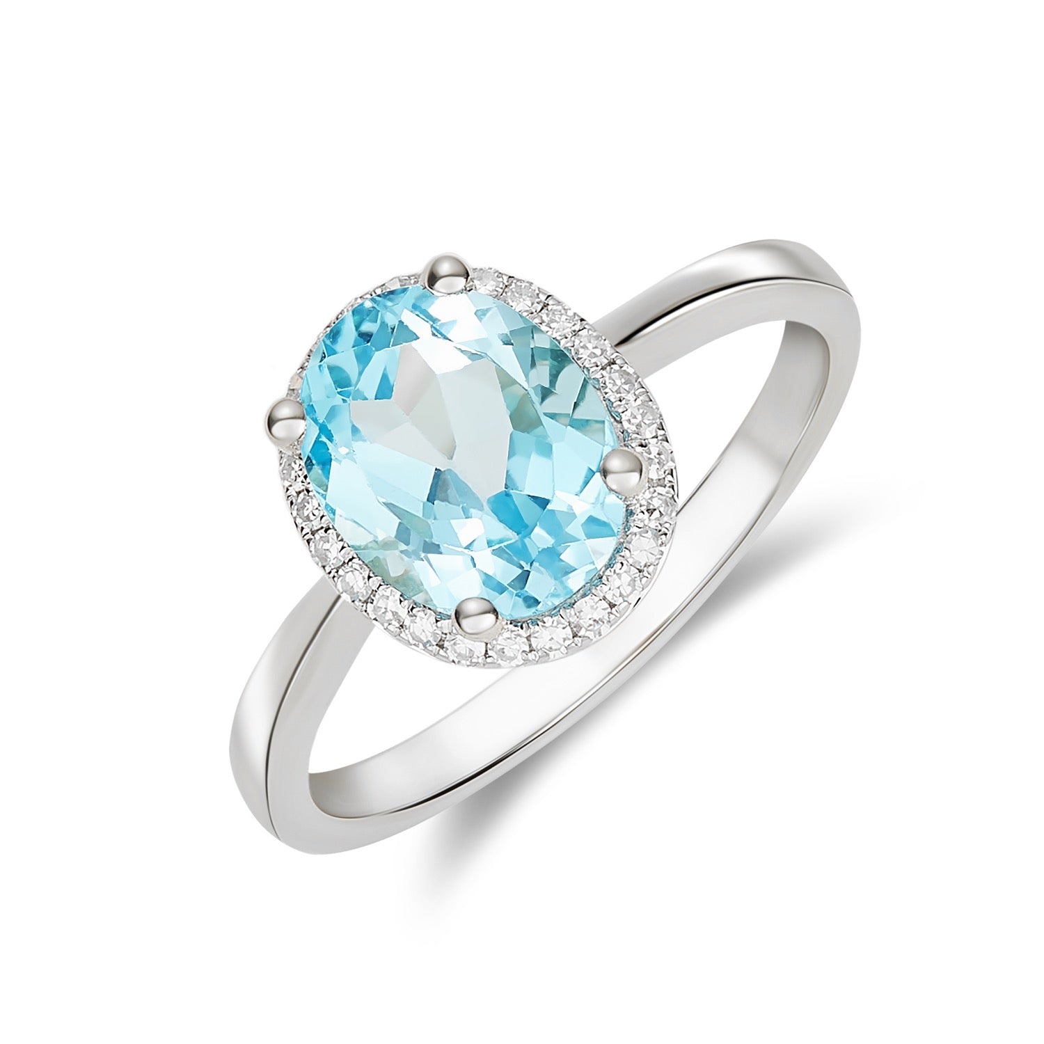 9CT WG 9X7 OVAL SWISS BLUE TOPAZ AND DIAMOND CLAW SET CLUSTER RING 1