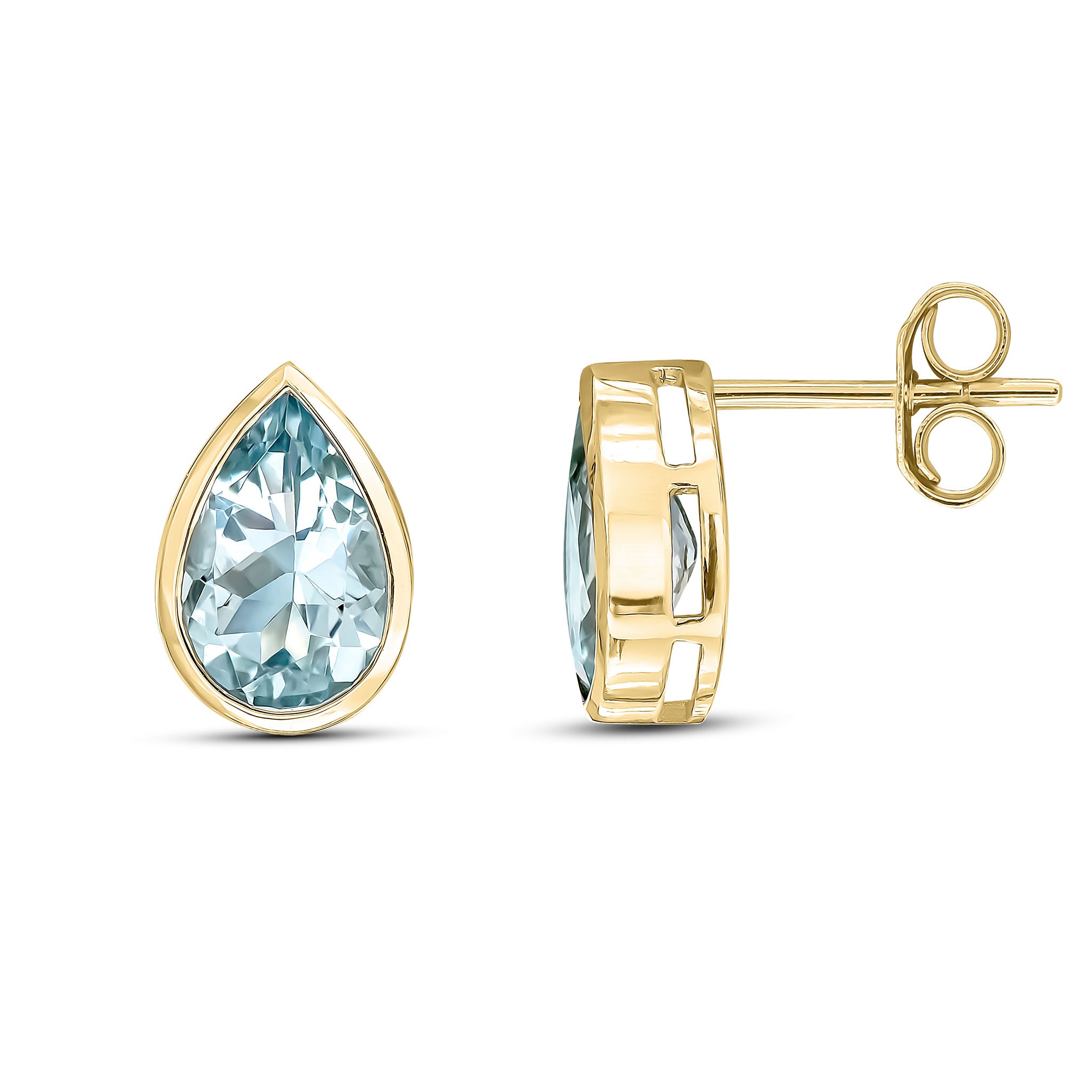 9ct Yellow Gold 9x6 Pear Shape Aquamarine Rubover Earrings