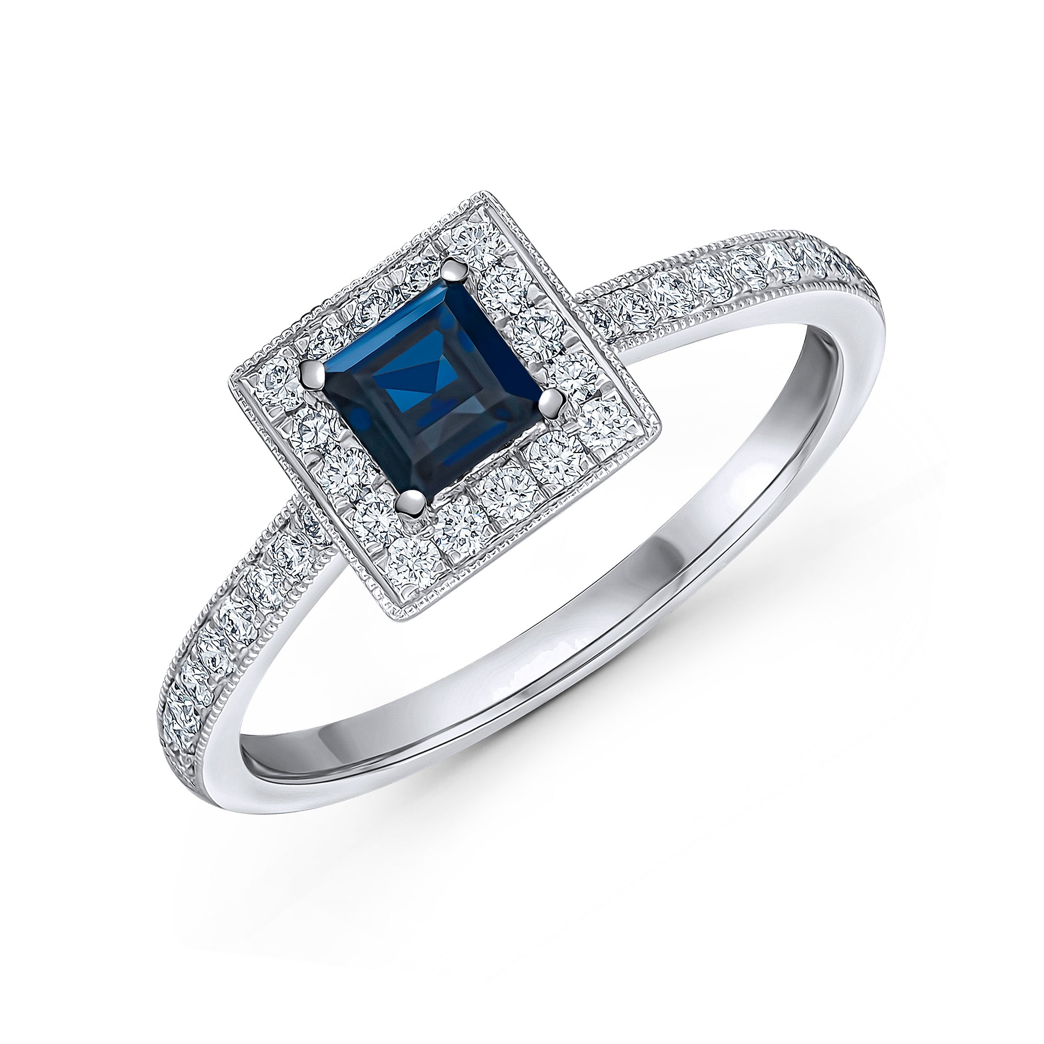 18ct White Gold Square Sapphire & Diamond Milgrain Cluster Ring
