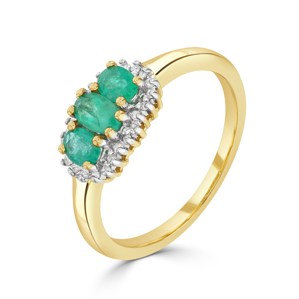 9ct Yellow Gold Oval Emerald and Diamond Triple Cluster Ring Rhodium to Diamonds