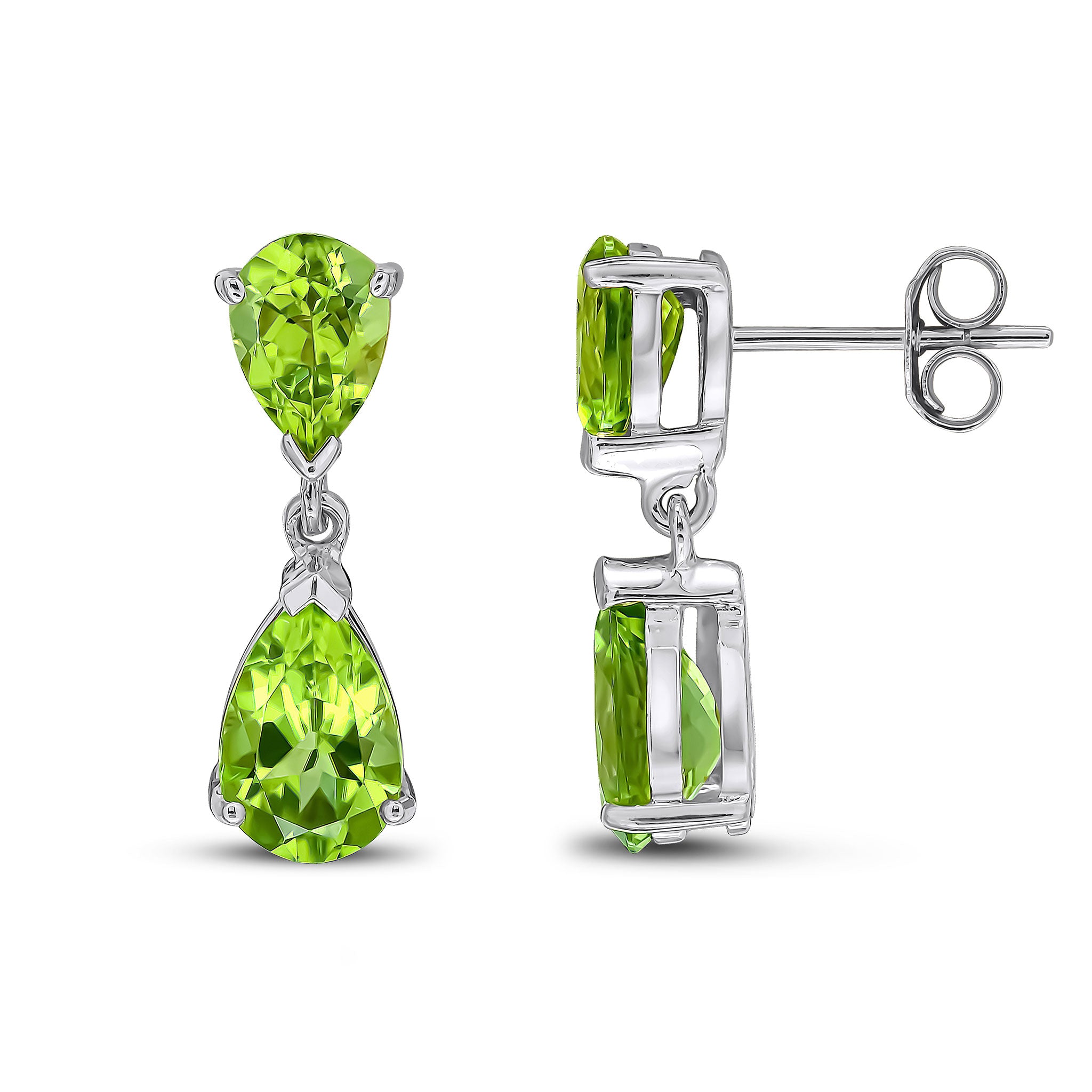 9ct White Gold Pear Shape Peridot 2 Stone Claw Set Drop Earrings