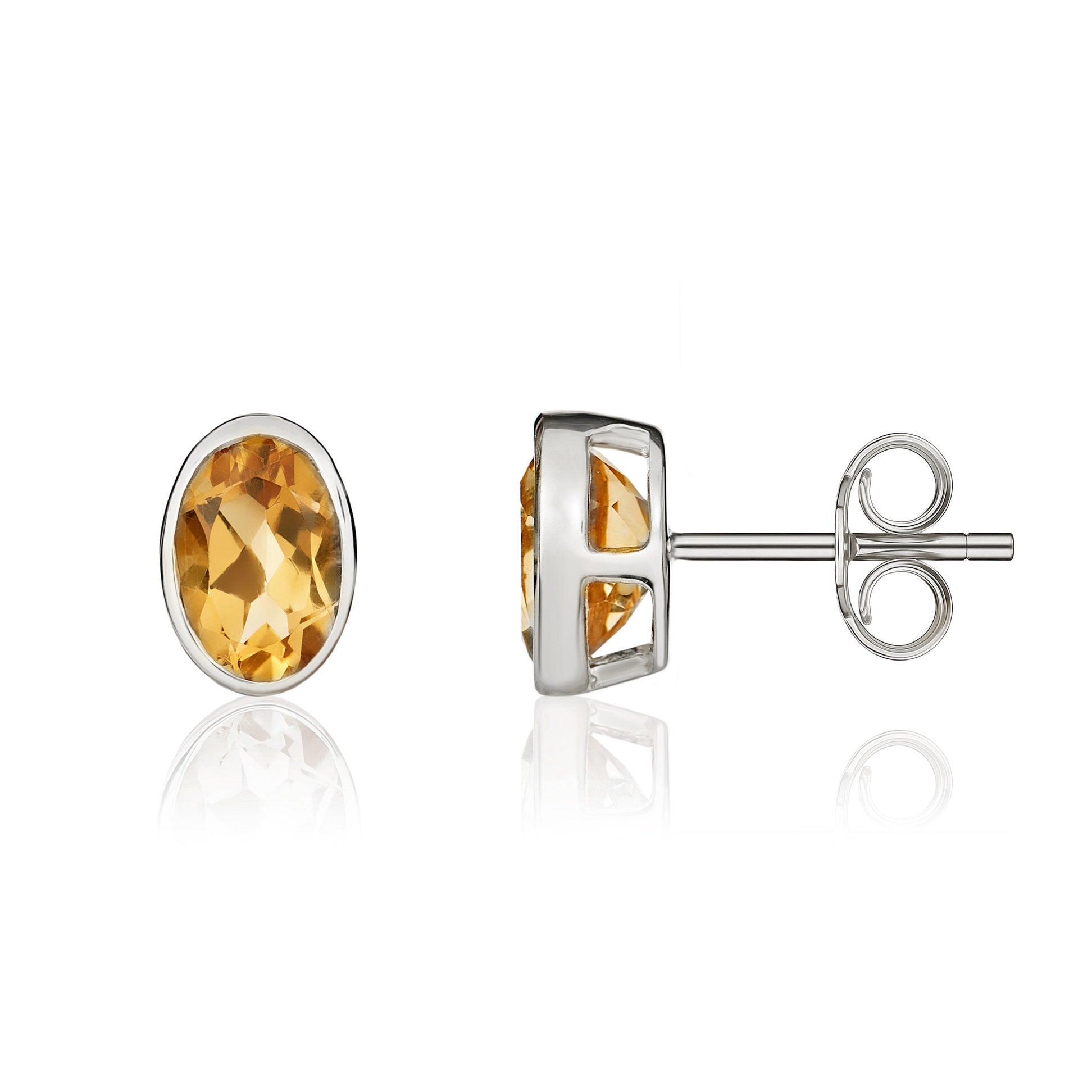 9ct White Gold 7x5 Oval Citrine Rubover Stud Earrings