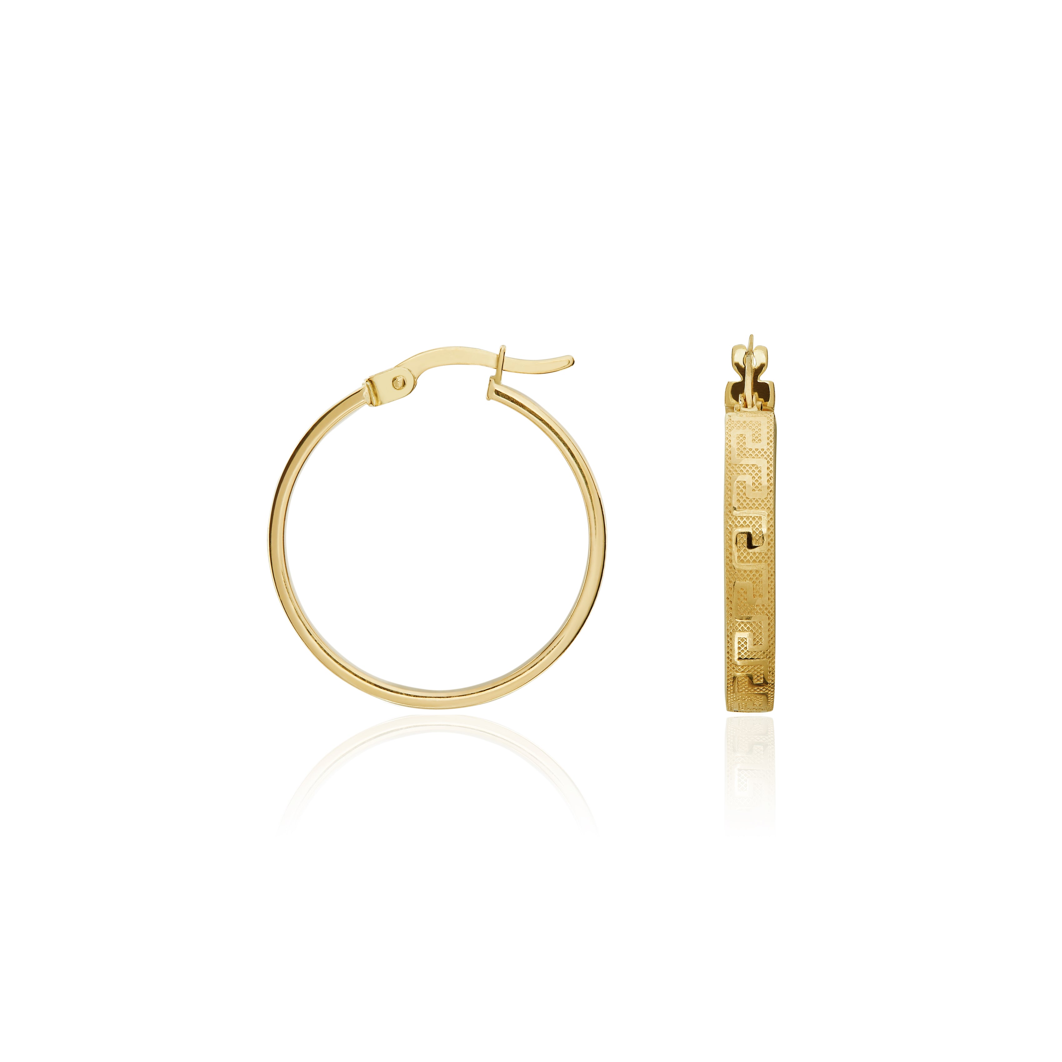 9ct yellow gold Square Section Greek Key Design Round Hoop Earrings. 14mm