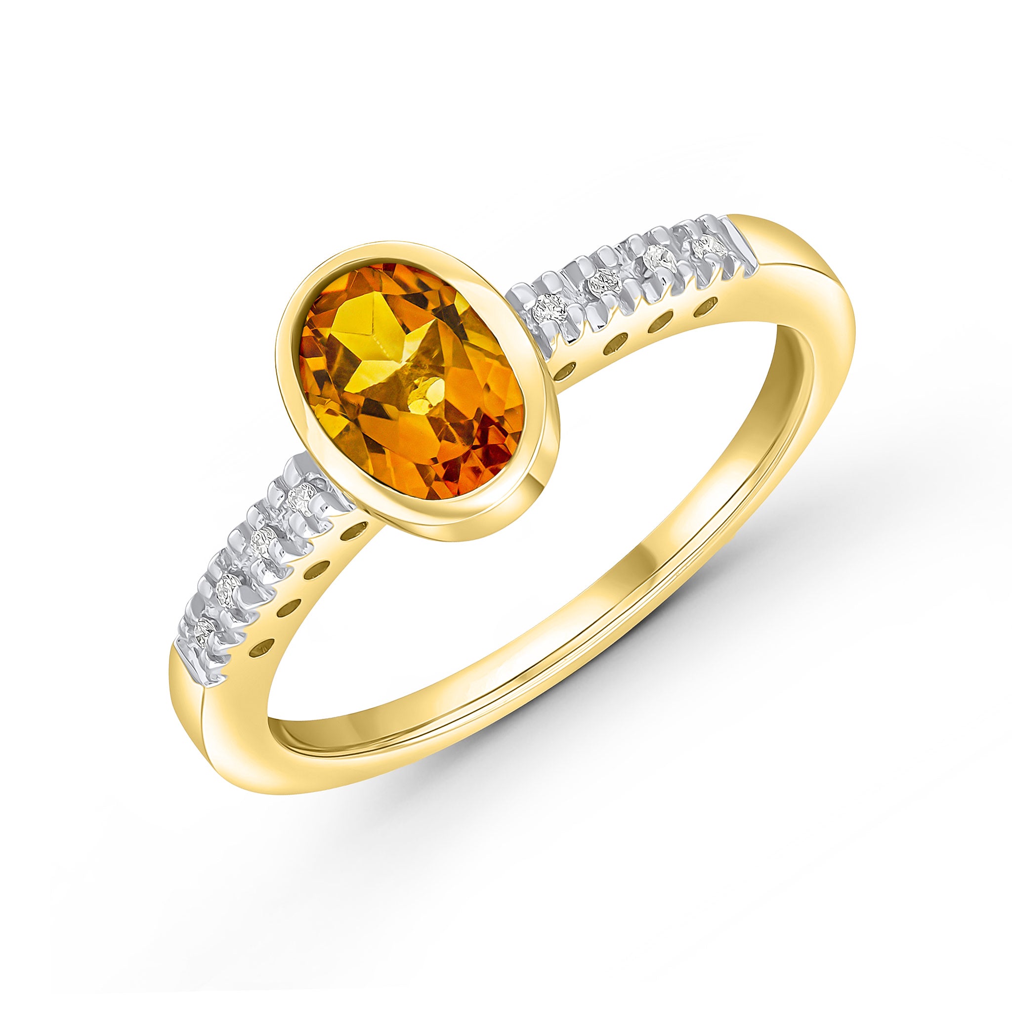 9ct Yellow Gold Rubover 7x5 Oval Citrine Single Stone Ring with Claw Set Diamond Shoulders Rhodium to Diamonds