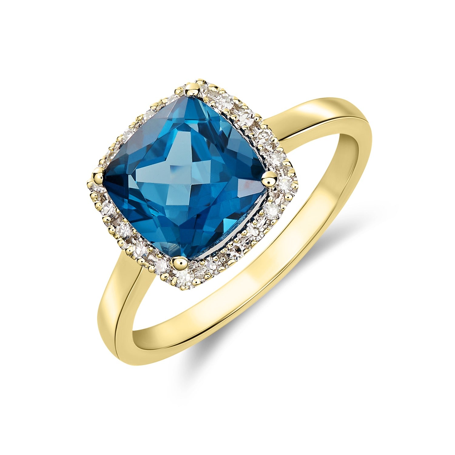 9CT YG 8MM CUSHION LONDON BLUE TOPAZ AND ROUND DIAMOND CLAW SET CLUSTER RING. RHODIUM TO DIAMONDS 1
