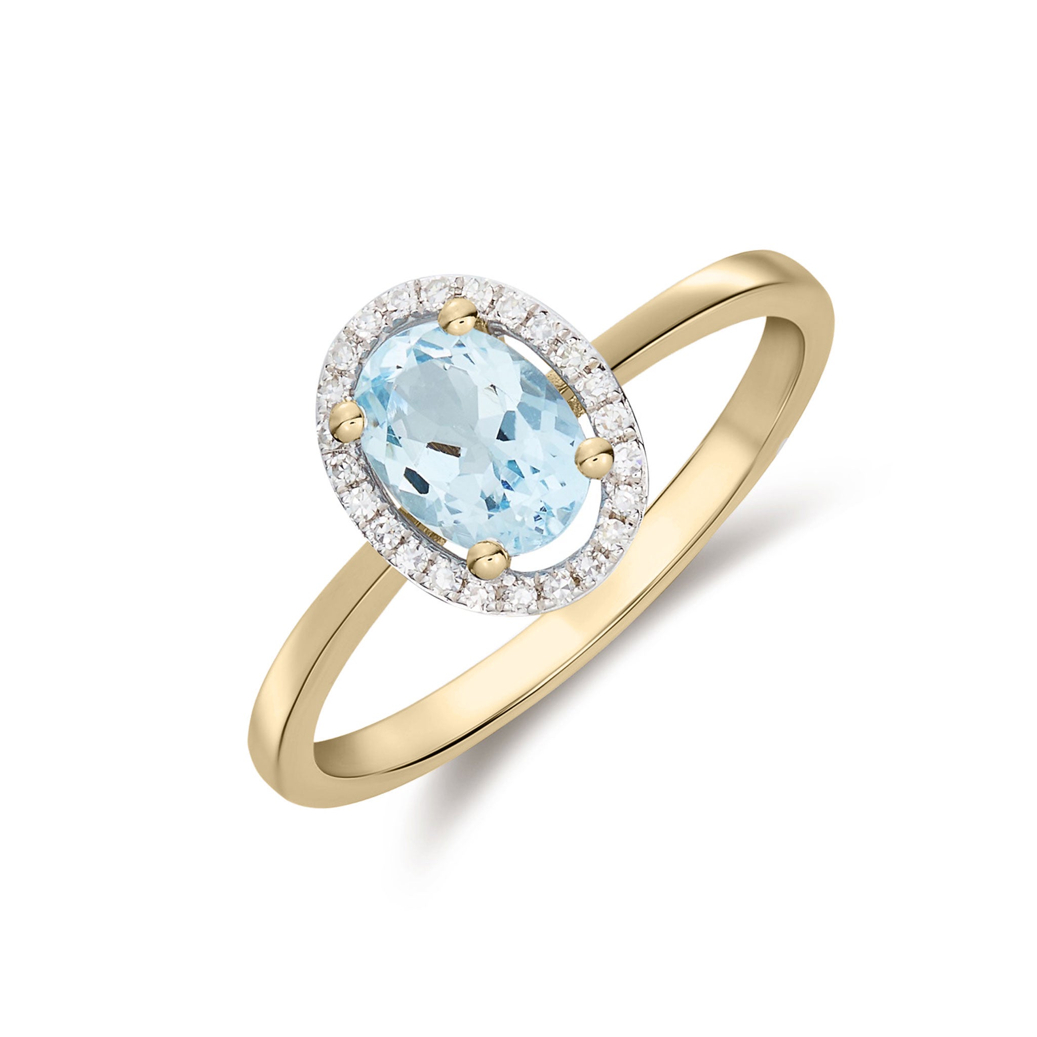 9CT YG 7X5 OVAL AQUA & ROUND DIAMOND HALO CLUSTER RING. RHODIUM TO DIAMONDS 1