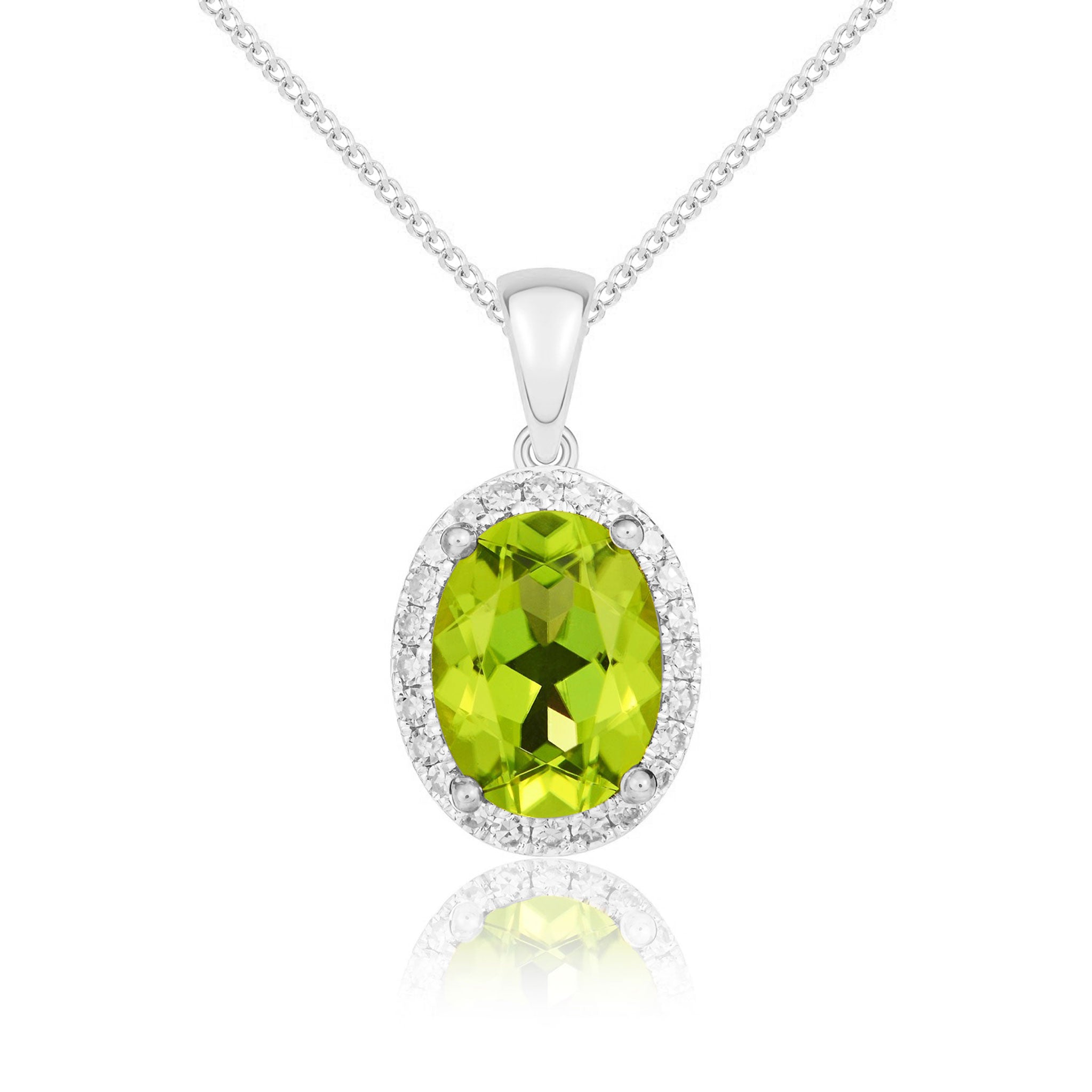 9ct White Gold 8x6 Oval Peridot & Diamond Claw Set Cluster Pendant