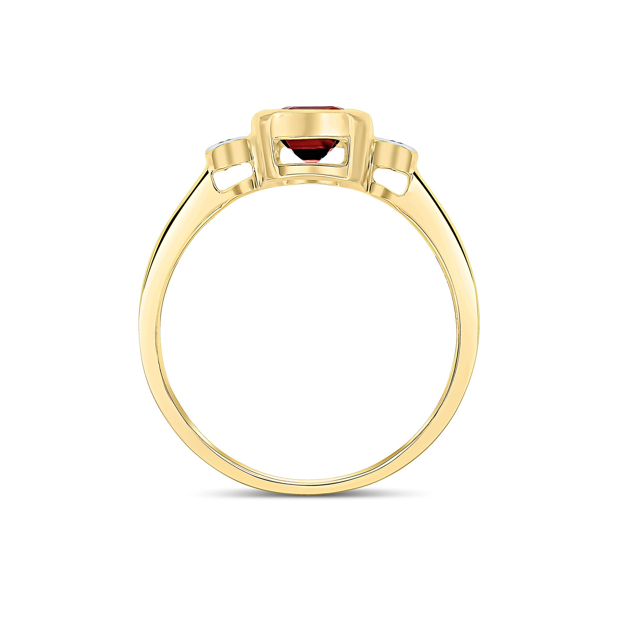 9CT YG 7X5 OCTAGON GARNET AND ROUND DIAMOND 3 STONE RUBOVER RING. RHODIUM TO DIAMONDS 1